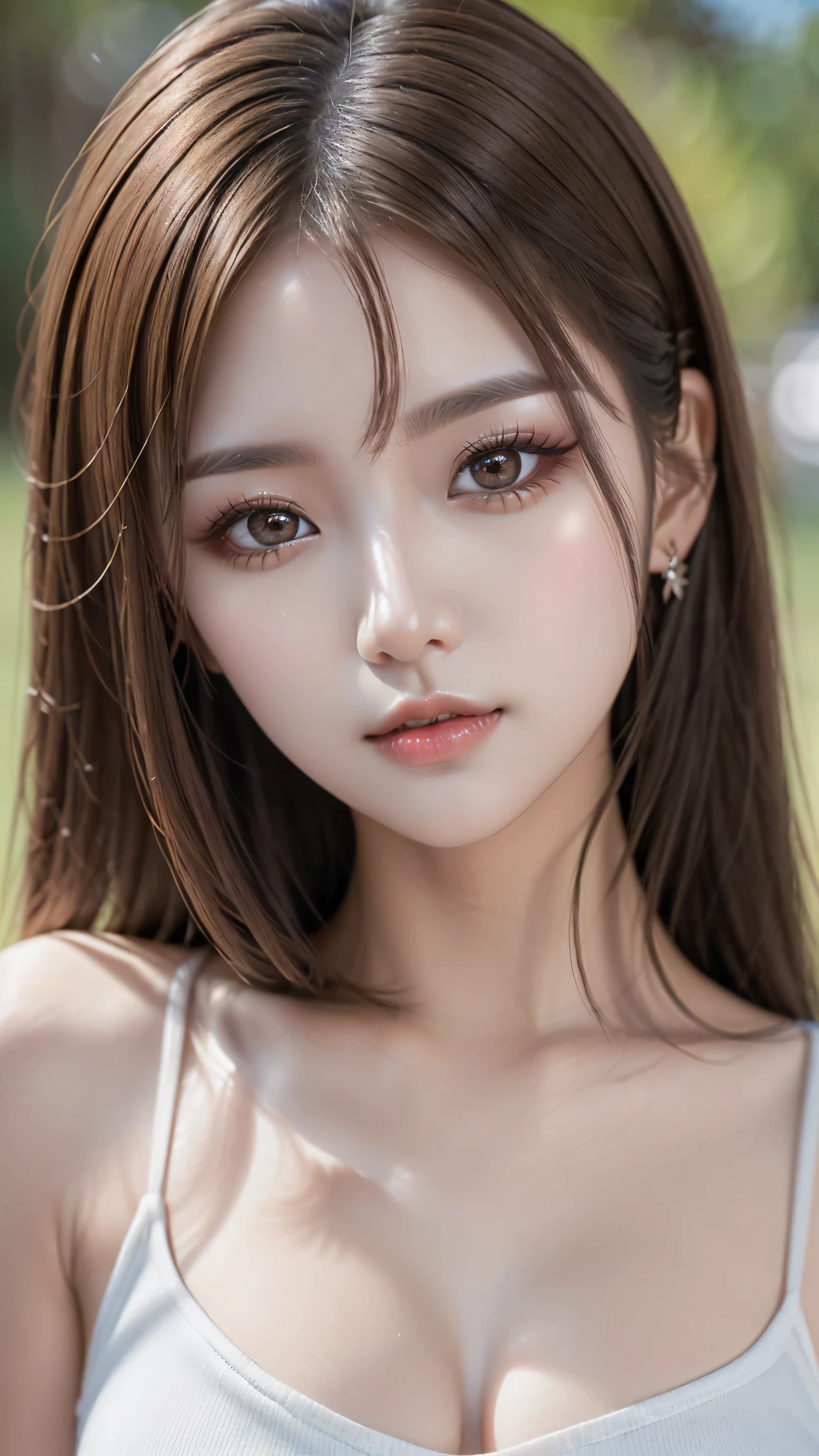 (the most absurd quality perfect eyes), ((natural super beautiful cute sharp-face)), (light pale complexion), ((clear no blur and sharp perfect round realistic brown_eyes:1.25)super detail), finely detailed pupils, detailed lips:1.3, [pink_lipstick:1.3]