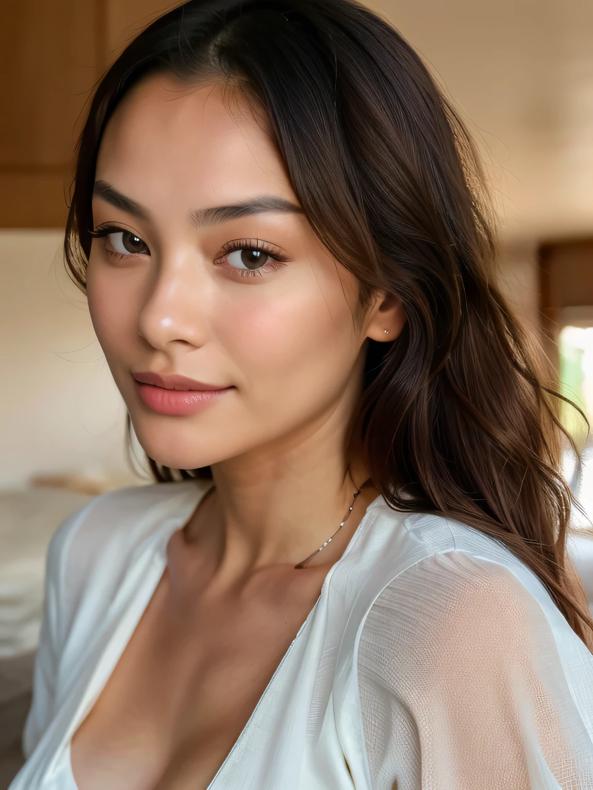 beautiful chinese woman, very detailed, 25 years, innocent face, long hair, natural wavy, black eyes, super model face, childish face, beautiful face, thin nose, thin face, see-through blouse with no bra, big breast , upper body shot,,, high resolution, masterpiece, best quality, intricate details, highly detailed, sharp focus, detailed skin, realistic skin texture, texture, detailed eyes, professional, 4k, charming smile, shot on Canon, 85mm, shallow depth of field, kodak vision color, perfect fit body, extremely detailed, foto_\(ultra\), photorealistic, realistic, post-processing, maximum detail, roughness, real life, ultra realistic, photorealism, photography, 8k uhd, photography