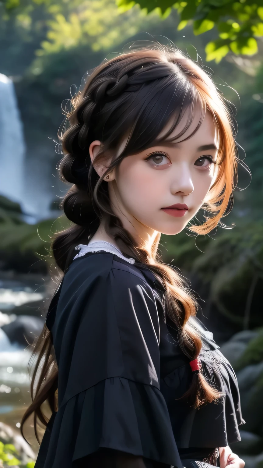 Beautiful woman with black eyes, Complex details, moderate, watercolor, splash、(Gothic ta), Upper Body, RAW Photos, Realistic, 4K/8K clear photo of a woman standing in front of a forest and a large waterfall, (iris), Super detailed, detaileds, Dramatic Light, Beautiful eyes in every detail, detaileded skin, Written boundary depth, RAW Photos, Full resolution, High resolutionの肌, detailed, Sharp focus, masterpiece, 最high quality, high quality, High resolution, Dark Gothic LoliUpper Bodyのポートレート, (Red hair with curly braids)、