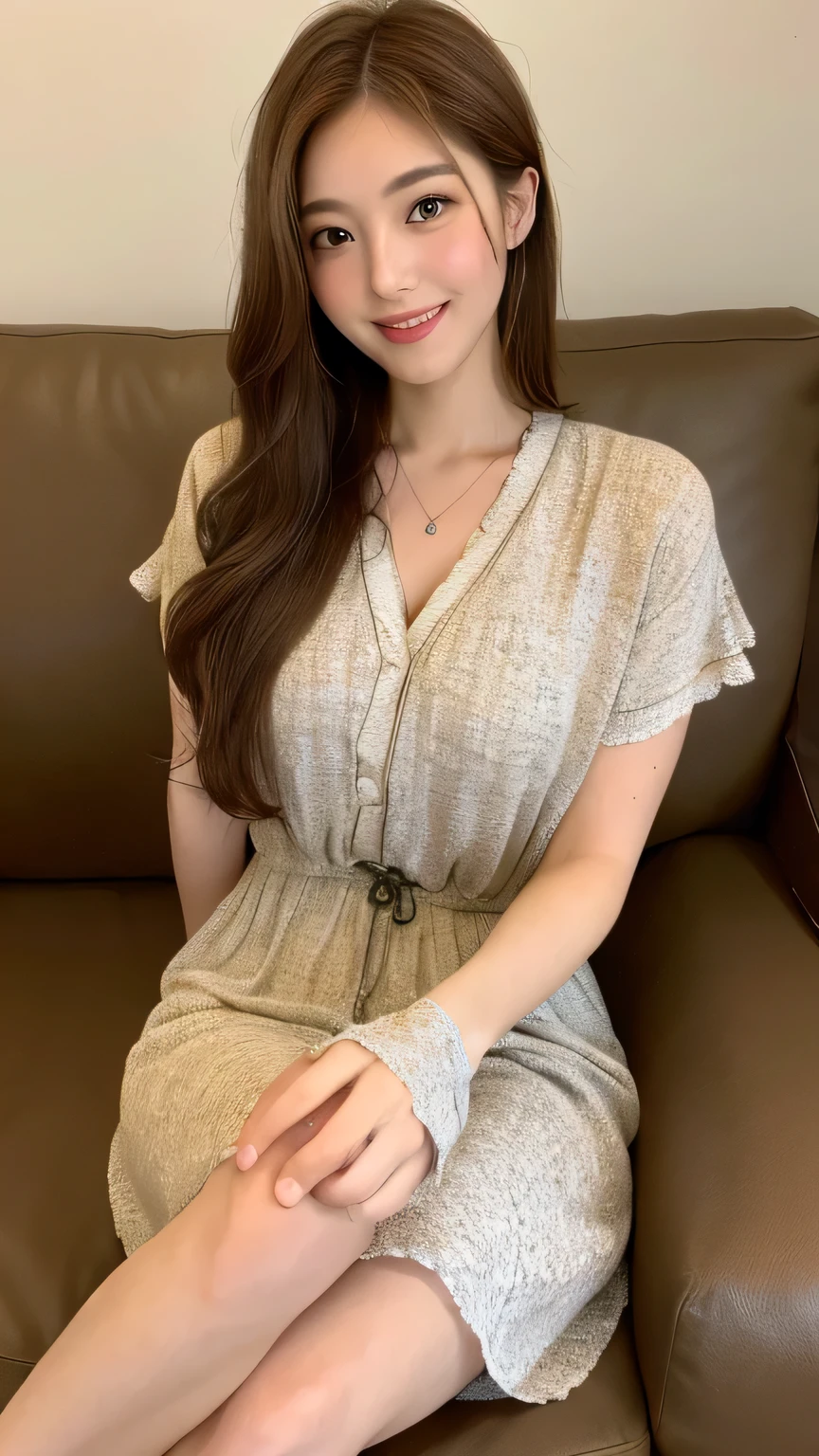 ((highest quality, 8k, masterpiece: 1.3)), 1 female, Japanese Idols,Sensual beauty: 1.3, (Hair style Brown hair Medium wave, big: 1.2), Nightwear: 1.1, Very friendly face, Delicate eyes, double eyelid, Dimples,Mole, Sit on the sofa,relax,smile,Plump body,mole,Cowboy shot from above,Crossing your legs,