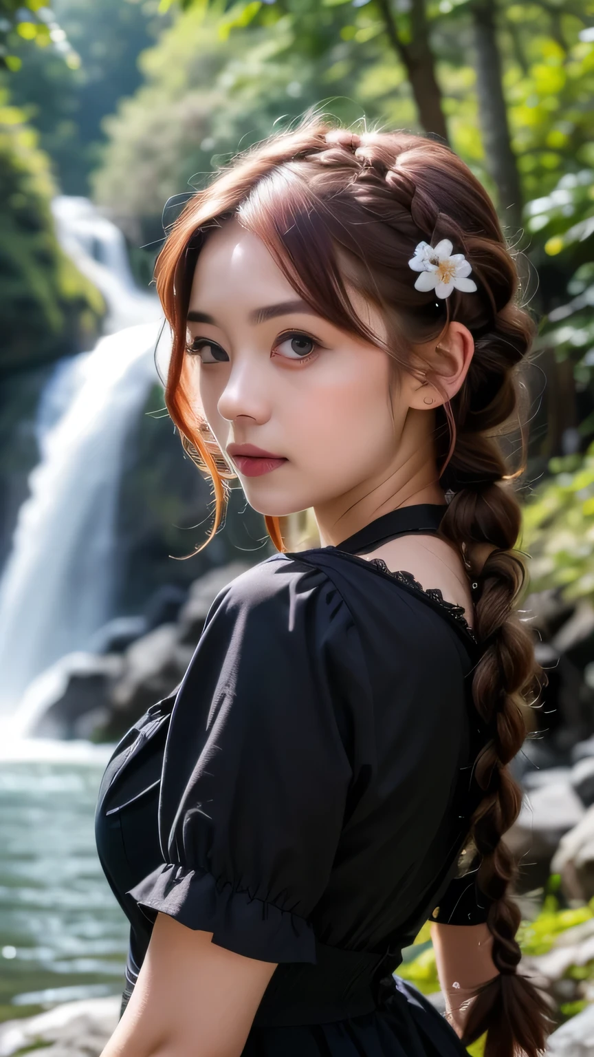 Beautiful woman with black eyes, Complex details, moderate, watercolor, splash、(Gothic ta), Upper Body, RAW Photos, Realistic, 4K/8K clear photo of a woman standing in front of a forest and a large waterfall, (iris), Super detailed, detaileds, Dramatic Light, Beautiful eyes in every detail, detaileded skin, Written boundary depth, RAW Photos, Full resolution, High resolutionの肌, detailed, Sharp focus, masterpiece, 最high quality, high quality, High resolution, Dark Gothic LoliUpper Bodyのポートレート, (Red hair with curly braids)、