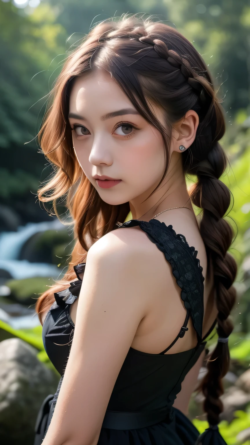 Beautiful woman with black eyes, Complex details, moderate, watercolor, splash､(Gothic Lolita), Upper Body, RAW Photos, Realistic, 4K/8K clear photo of a woman standing in front of a forest and a large waterfall, (iris), Super detailed, detaileds, Dramatic Light, Beautiful eyes in every detail, detaileded skin, Written boundary depth, RAW Photos, Full resolution, High resolutionの肌, detailed, Sharp focus, masterpiece, 最high quality, high quality, High resolution, Dark Gothic Lolita, Upper Bodyのポートレート, (Red hair with curly braids)、