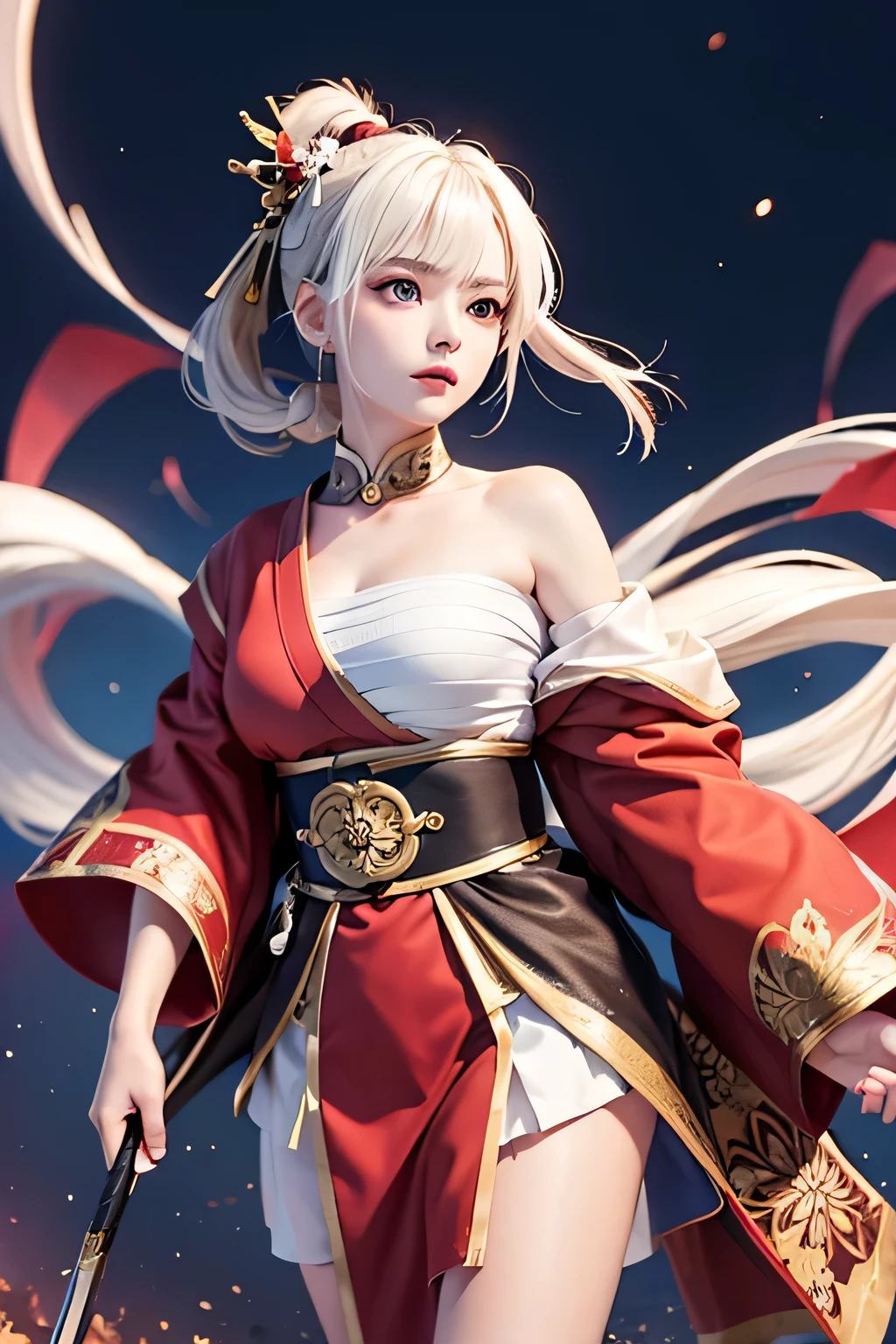 (masterpiece, best quality, dutch angle)(1girl, solo)(white hair, red eyes)(sarashi,japanese clothes,off shoulder,one shoulder、Wear one kimono:1.4、One shoulder exposed)(Serious expression, Woman holding a sword:1.3、floating hair)(In front of the samurai residence、Mystical Night、Particles of light float around the woman、Space for fantasy)
