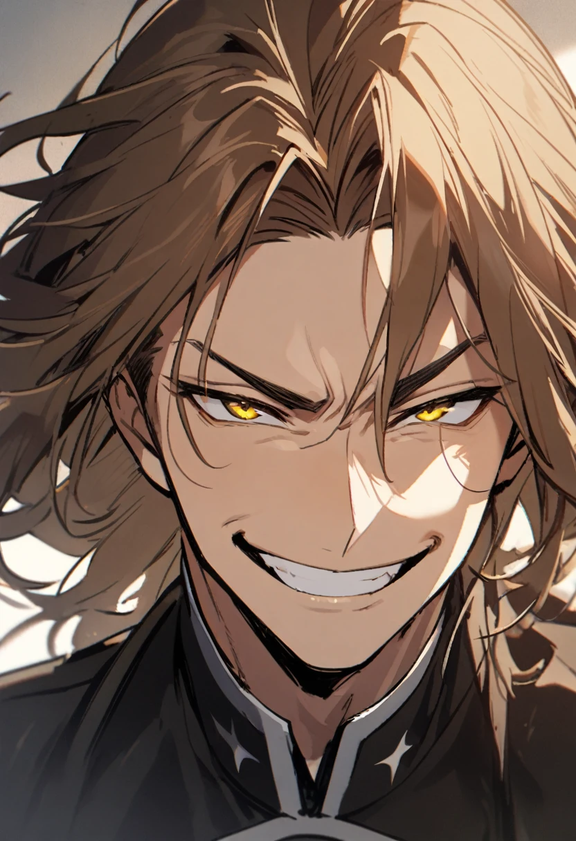 1 man, brown long hair, yellow eyes, smirk, grin, black suit uniform, adult man, male