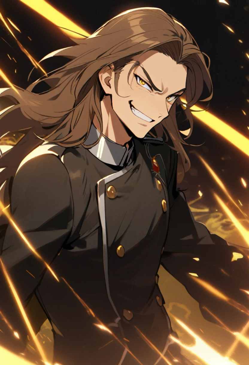 1 man, brown long hair, yellow eyes, smirk, grin, black suit uniform, adult man, male