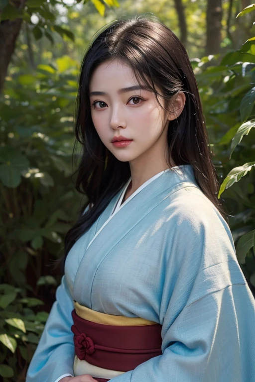 ((Top Quality, 8K, Masterpiece: 1.3)), Sharp Focus: 1.2, (Super Beautiful Face: 1.0), (Glossy Skin: 1.0), Realistic Photos, Black Hair, Realistic Pupils, Movie Lighting, Highly Detailed Eyes and Face, Movie Lighting, (Cowboy Shot: 1.0), (kimono, hakama, obi: 1.15), (Korean Cute Actress), in nature, classic kimono,