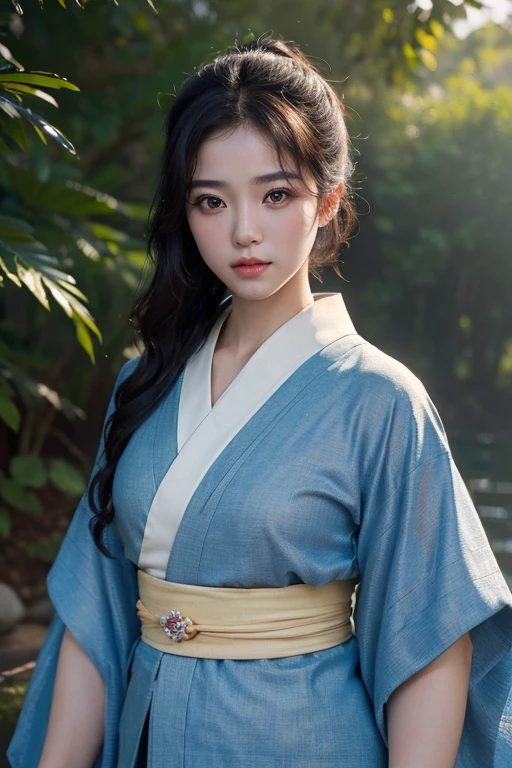 ((Top Quality, 8K, Masterpiece: 1.3)), Sharp Focus: 1.2, (Super Beautiful Face: 1.0), (Glossy Skin: 1.0), Realistic Photos, Black Hair, Realistic Pupils, Movie Lighting, Highly Detailed Eyes and Face, Movie Lighting,  (Cowboy Shot: 1.0),  (kimono, hakama, obi: 1.15),　(Korean Cute Actress), in nature, classic kimono,