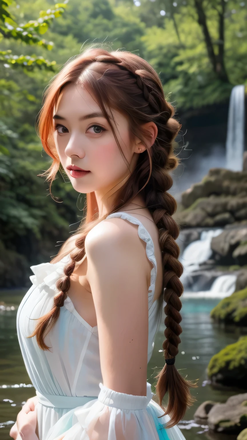 Beautiful woman with black eyes, Complex details, moderate, watercolor, splash､(Gothic Lolita), Upper Body, RAW Photos, Realistic, 4K/8K clear photo of a woman standing in front of a forest and a large waterfall, (iris), Super detailed, detaileds, Dramatic Light, Beautiful eyes in every detail, detaileded skin, Written boundary depth, RAW Photos, Full resolution, High resolutionの肌, detailed, Sharp focus, masterpiece, 最high quality, high quality, High resolution, Dark Gothic Lolita, Upper Bodyのポートレート, (Red hair with curly braids)、