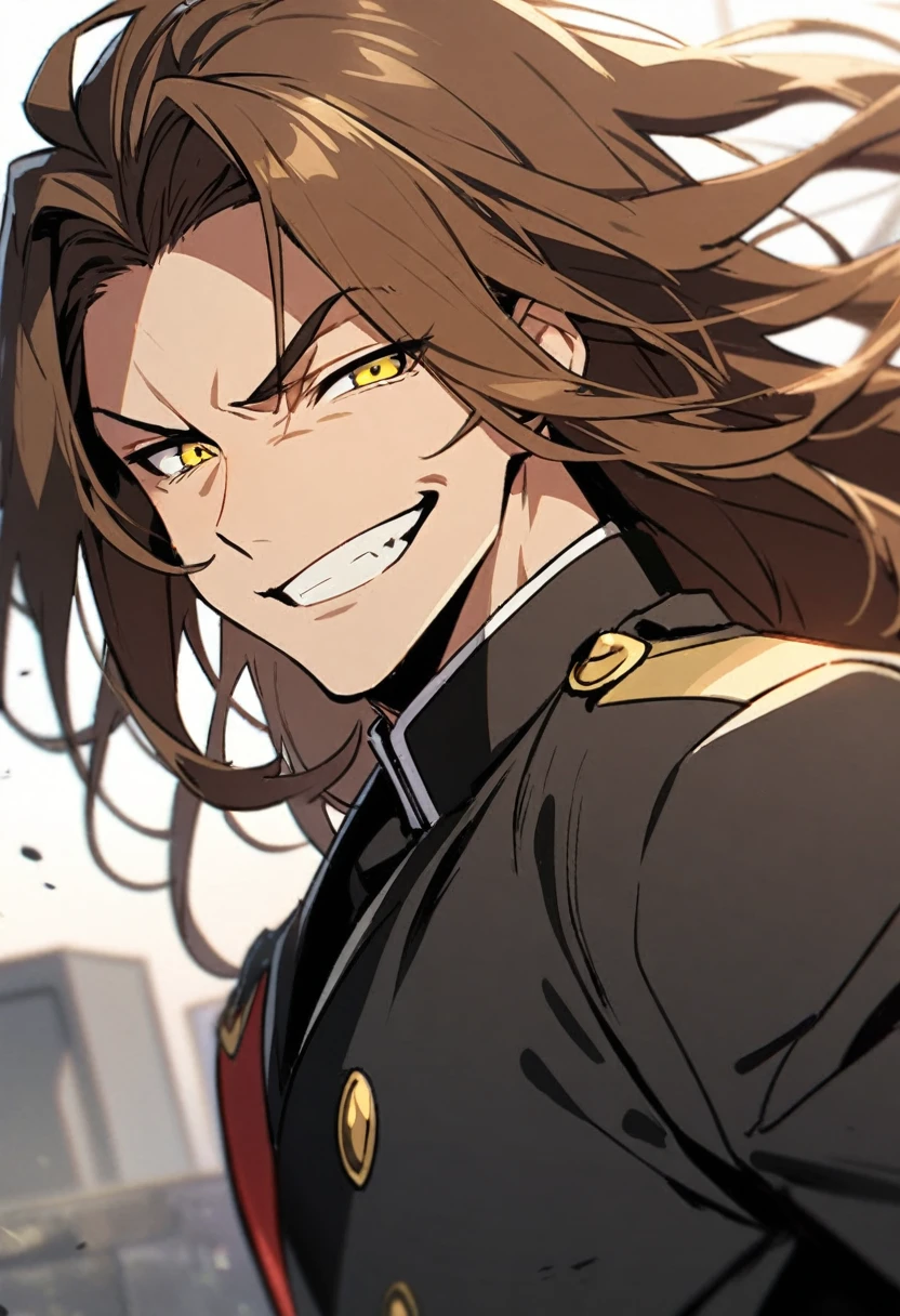 1 man, brown long hair, yellow eyes, smirk, grin, black suit uniform, adult man, male