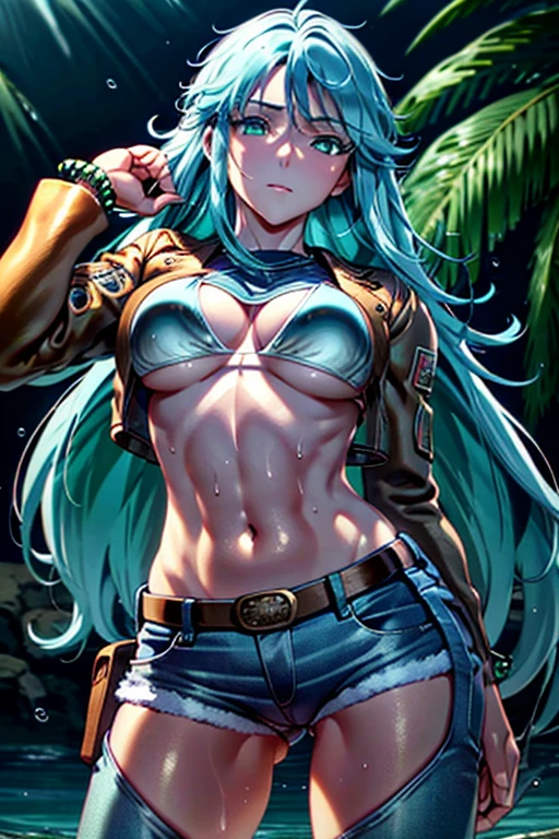 (masterpiece:1.5),(best quality:1.5),(high resolution:1.5),(8k:1.5),(Ultra HD:1.5),(perfect face:1.5),(beautiful detailed eyes:1.5),(Cowboy Shot:1.5) ,(extremely detailed face:1.5),(perfect lighting:1.5),(extremely detailed CG:1.5), (perfect hands:1.5),(perfect anatomy:1.5),,(perfect body:1.5),(perfect hands:1.5),(perfect fingers:1.5),(full body:1.5),(fighter:1.4),(1woman:1.3),(megami magazine:1.22),pale skin,(light blue long hair:1.2),( cool face:1.2),(green eyes:1.3),(large breasts:1.3),(medium ass:1.2),,(sexy look pose:1.5),(white bikini:1.3),(Brown leather jacket:1.3),(very short denim:1.3),(sea:1.3),,(cameltoe:1.3),,(wet:1.2),(sweat:1.2),(looking at viewer:1.3),(face and body forward:1.3),(clothed:1.3),