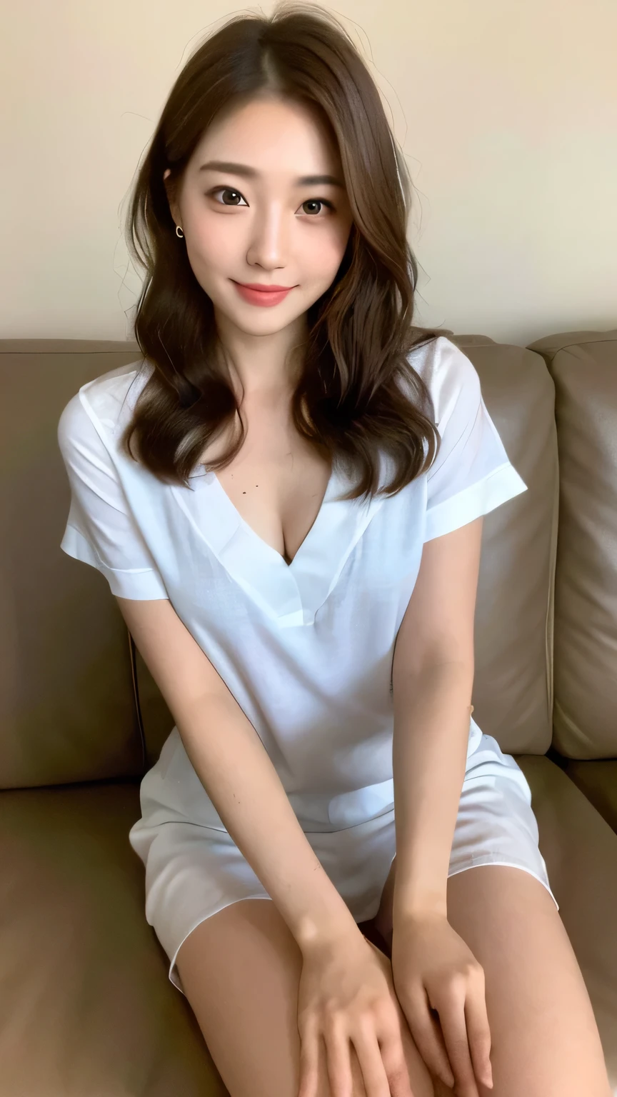 ((highest quality, 8k, masterpiece: 1.3)), 1 female, Japanese Idols,Sensual beauty: 1.3, (Hair style Brown hair Medium wave, big: 1.2), Nightwear: 1.1, Very friendly face, Delicate eyes, double eyelid, Dimples,Mole, Sit on the sofa,relax,smile,Plump body,mole,Cowboy shot from above,Crossing your legs,