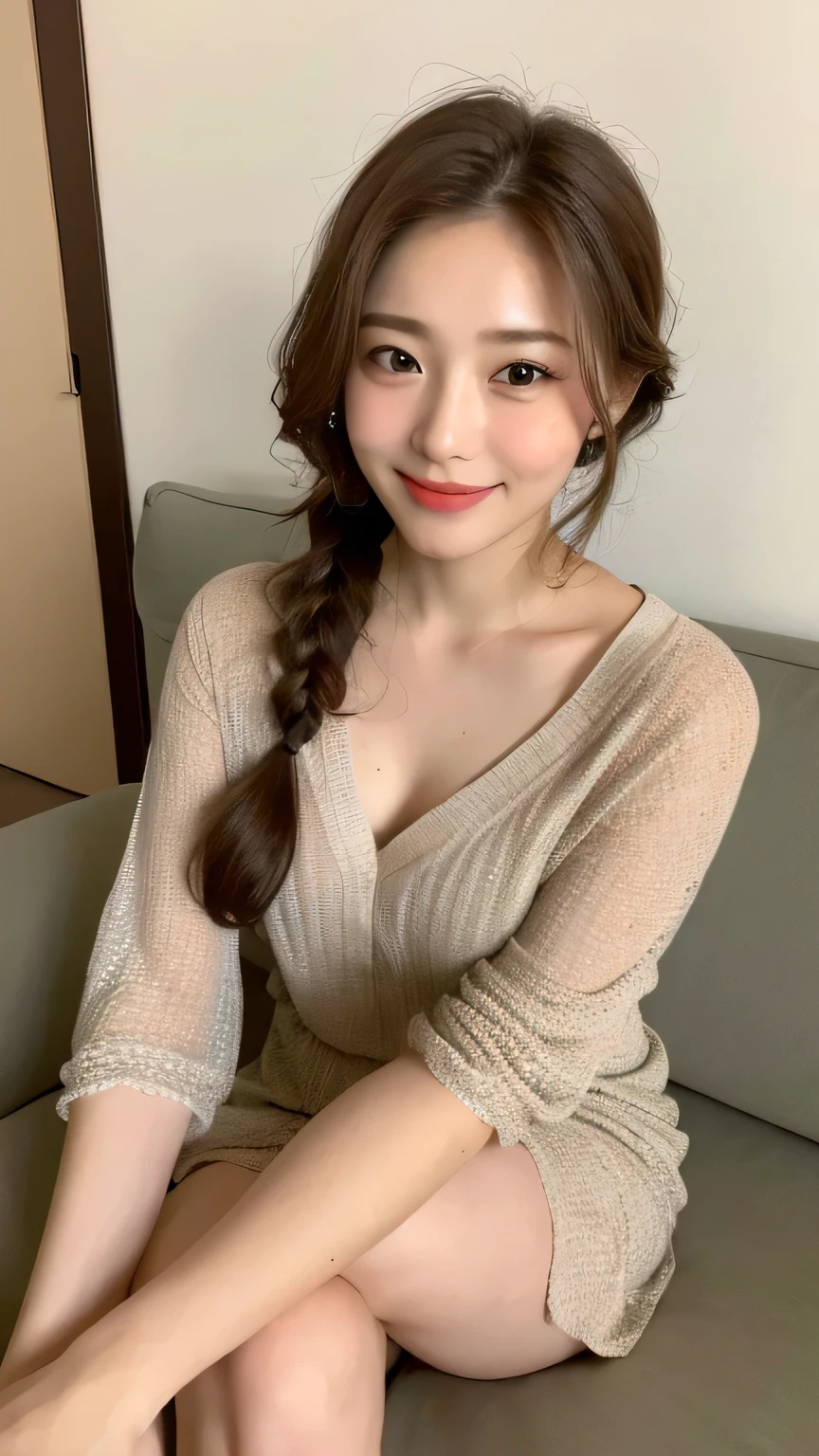 ((highest quality, 8k, masterpiece: 1.3)), 1 female, Japanese Idols,Sensual beauty: 1.3, (Hair style Brown hair Medium wave, big: 1.2), Nightwear: 1.1, Very friendly face, Delicate eyes, double eyelid, Dimples,Mole, Sit on the sofa,relax,smile,Plump body,mole,Cowboy shot from above,Crossing your legs,