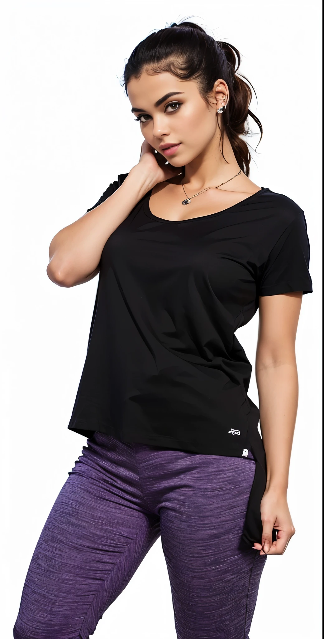 a woman in a preto shirt and purple pants posing for a picture, wearing a preto t-shirt, preto t shirt, wearing preto tshirt, wearing a preto tshirt, preto t-shirt, preto camiseta, preto shirt, wearing a preto shirt, camiseta, Manga curta, preto, preto top, wearing a preto!! camiseta, camiseta