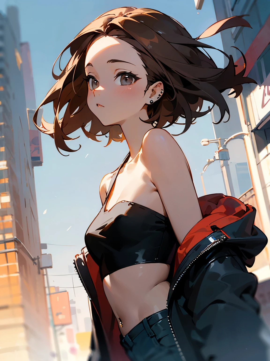 (masterpiece, best quality, detailed:1.3), a girl, expressionless, bob, center part, forehead, brown hair, 
wearing black jacket, tube top, piercing, 
outside, on the street, in the city, at dusk, light watercolor, 
BREAK (dynamic angle:1.2)
