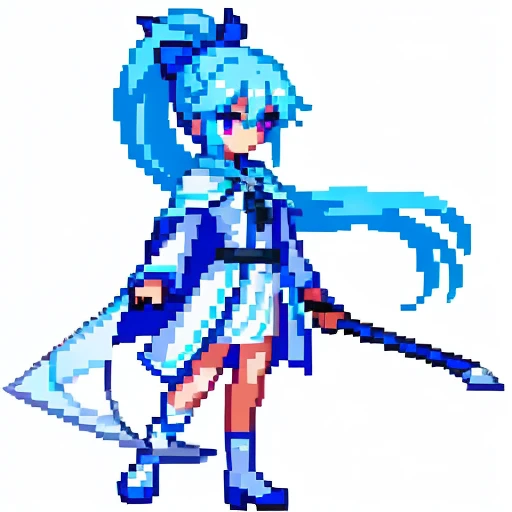 Pixel art, full body, facing left (important), bright blue and white, holding a large scythe, magical girl, long ponytail, ribbon, loose clothing, cloak. Hair color: Soft, pale blue hair. Eye color: pink eyes. Clothes: Clothes based on white and blue. She wears a blue cloak over a white shirt and blue miniskirt. Accessories: Blue flower decoration on the right side of the hair. Weapon: A sickle with blue and white decoration.
