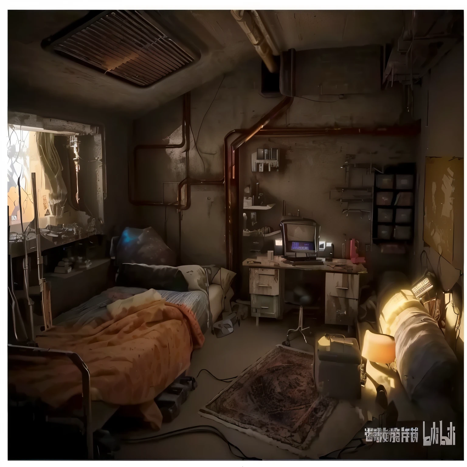 there is a room with a bed, desk, chair, and television, in a cyberpunk themed room, cyberpunk childrens bedroom, post apocalyptic room interior, the cyberpunk apartment, cyberpunk teenager bedroom, cyberpunk apartment, dystopian city apartment, cyberpunk bedroom at night, steampunk living room, bladerunner apartment, scifi room, an escape room in a small, sci fi engine room living room
