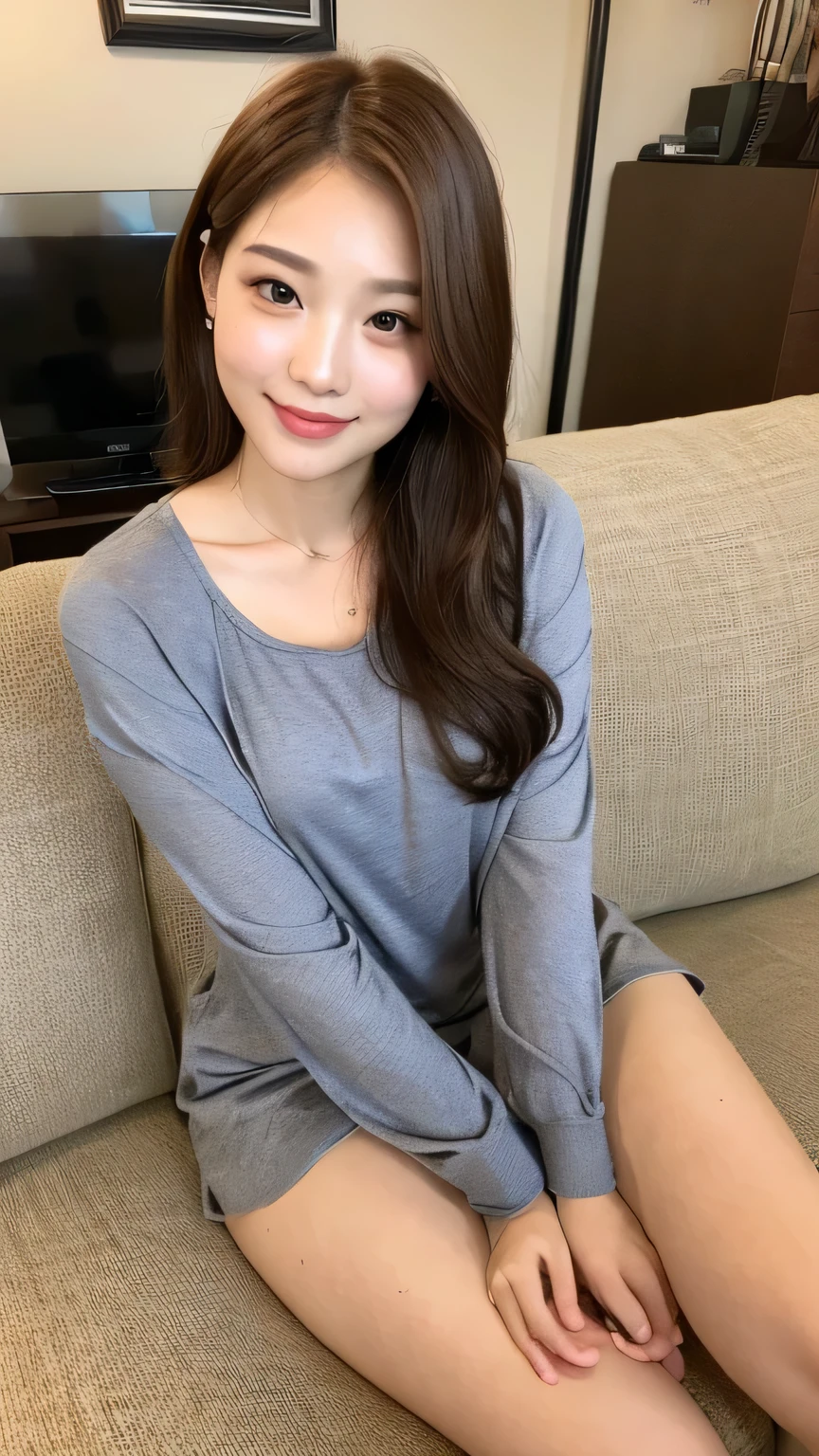 ((highest quality, 8k, masterpiece: 1.3)), 1 female, Japanese Idols,Sensual beauty: 1.3, (Hair style Brown hair Medium wave, big: 1.2), Nightwear: 1.1, Very friendly face, Delicate eyes, double eyelid, Dimples,Mole, Sit on the sofa,relax,smile,Plump body,mole,Cowboy shot from above,Crossing his thick legs,