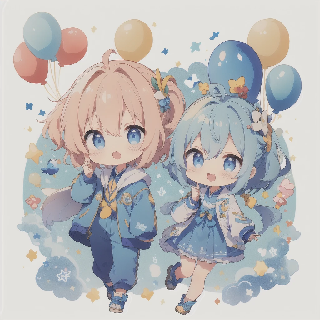 highest quality、Masterpiece、Official Art、16K、Cute Chibi、Flying in the sky with lots of balloons in his hands、Blue Costume、