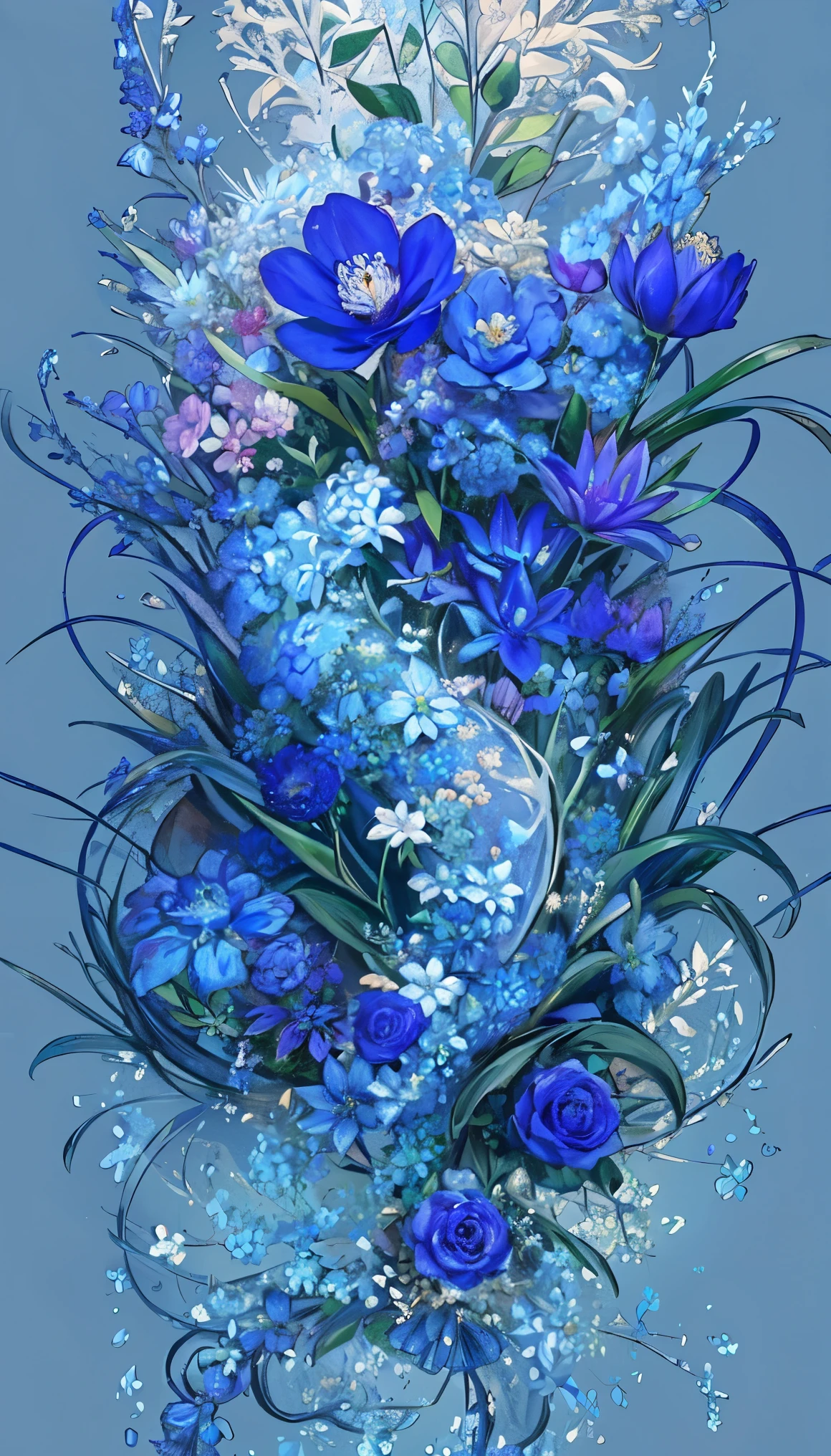 (best quality, highres, masterpiece:1.2), artistic, sketch, texture, ultra-high resolution, beautiful flowers, extremely detailed, fractal art:1.1, vibrant:1.1, floral:1.6, utmost detail, Tangled-inspired:1.2, blue background:1.3, Taisho Roman, blue flowers, ephemeral.