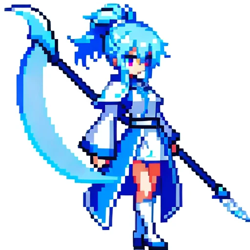 Pixel art, full body, facing left (important), bright blue and white, holding a large scythe, magical girl, long ponytail, ribbon, loose clothing, cloak. Hair color: Soft, pale blue hair. Eye color: pink eyes. Clothes: Clothes based on white and blue. She wears a blue cloak over a white shirt and blue miniskirt. Accessories: Blue flower decoration on the right side of the hair. Weapon: A sickle with blue and white decoration.