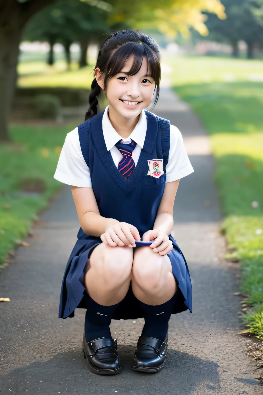 ((masterpiece)), japanese, (a girl), (18 years old), (((school uniform))), smiling, a park, dark blue knit vest, thighs, ponytail,