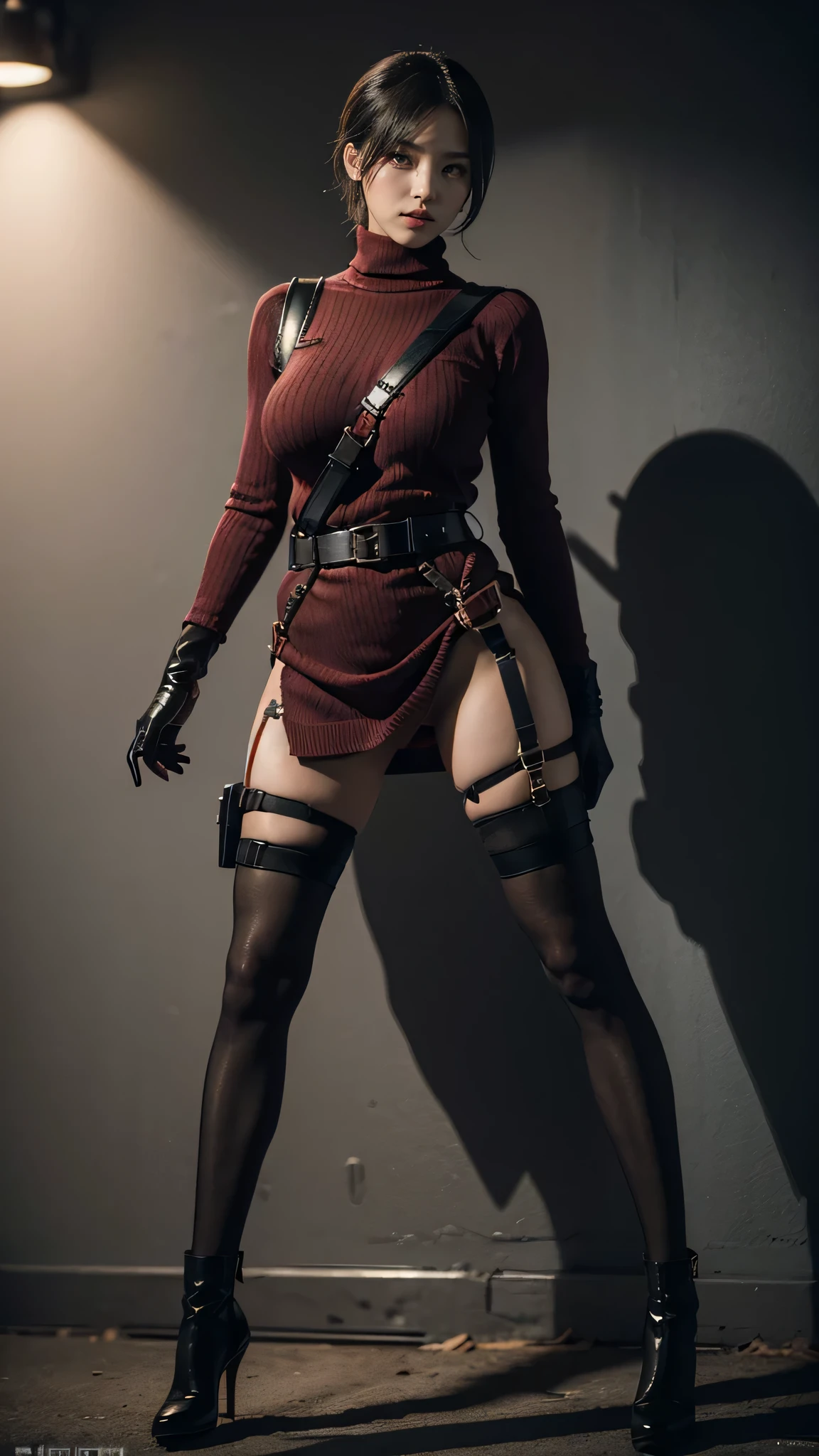 Draw according to the text, ((extremely detailed CG Unity 8k wallpaper)), (best quality), extremely detailed eyes, HD eyes, (Beautiful face), beautiful Japan woman, Sexy woman posing for a photo, pink makeup, short black hair, red sweater dress, sexy legs, good hand, (4k), high res, masterpiece, best quality, extremely detailed breasts, sexy legs, belts, military belts, (harness), horror ,view of The walls of The tomb of the dark catacombs, RE4, red ribbed sweater, Ada Wong cosplay, (Pistol Holster), Leather black gloves, Heels black, long legs, pantyhose, (full body:1.2).