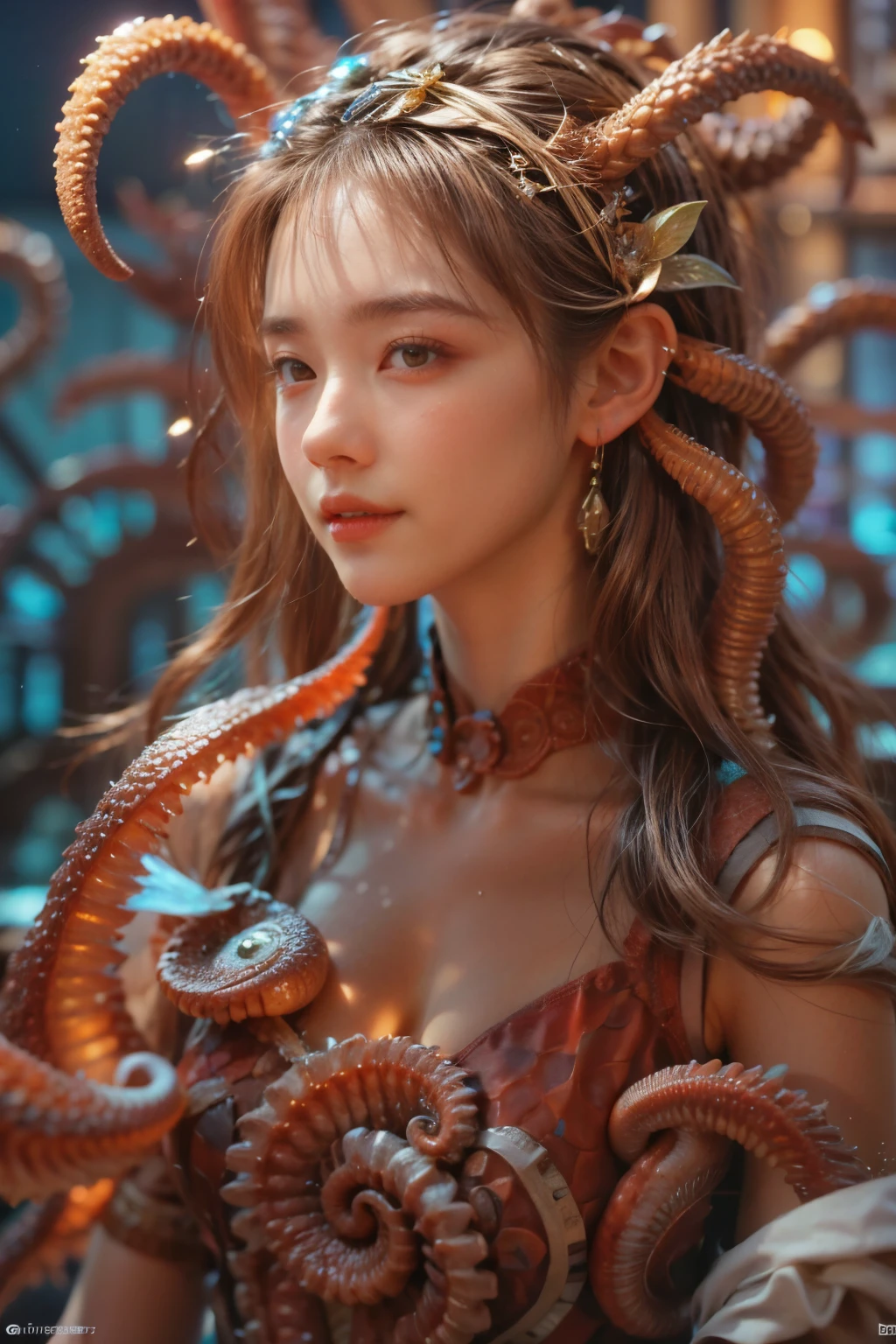scary and sexy detailed art in color, Portrait, (beautiful and obscene female alien:1.4), (vulgarity1.5), (she has red eyes with no pupils:1.8), (Translucent skin:1.7), (There is a female genital-like organ in the middle of the forehead:1.9), (The most beautiful face in the history of the universe:1.2),an evil gaze that seduces, (large mouth:1.1), (sharp teeth like a vampire:1.2), Full body portrait, (bio luminescent:1.5), (Smile wickedly:1.3), (sexypose:1.5), alien, No humans, cells are fused, (Lots of translucent tentacles:1.3) extraterrestrial, cell, bio image, best quality, 8K,In 4K_quality, High freshness, Dramatic Lighting, masutepiece:1.5,cinematic quality, detail up, (exquisite details:1.2), high resolution, High freshness, drawing faithfully, (Thick eyebrows:1.2), Beautiful eyes with fine symmetry,(Highly detailed face and eyes:1.2), Intimate face, (Super detailed skin quality feeling:1.4), perfect anatomy, (Beautiful toned body:1.5), (Moist skin:1.2), not wearing makeup, (dark circles:1.1), long canines, cinematic drawing of characters, ultra high quality model, cinematic quality, detail up, (exquisite details:1.2), high resolution, High freshness, drawing faithfully, official art, Unity 8K Wall , 8K Portrait, best quality, Very high resolution, ultra detailed artistic photography, midnight aura, unreal engine 5, Ultra Sharp Focus, art by Amano Yoshitaka, ArtGerm, Roisch, intricate artwork, best quality, masterpiece, ultra high resolution, (photos realistic:1.4), ultra realistic realism, dream-like, nautilus, Creation of fantasy, Snail, Dream Snail, (biopunk nautilus:1.3),Thrilling color schemes, ultra realistic realism, seductively smiling, Blue tentacles,