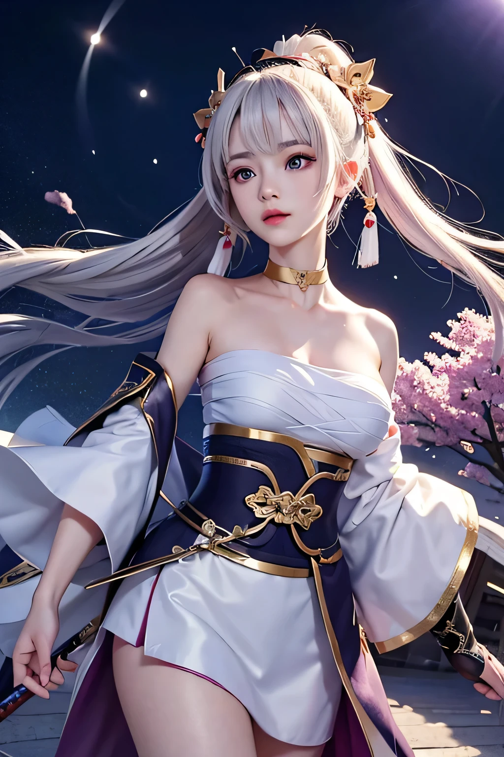 (masterpiece, best quality, dutch angle)(1girl, solo)(white hair,Purple Eyes,Straight long hair)(sarashi,japanese clothes,off shoulder,one shoulder、Wear one kimono:1.4、One shoulder exposed)(Serious expression, Woman holding a sword:1.3、floating hair)(In front of the samurai residence、Mystical Night、Particles of light float around the woman、Space for fantasy)