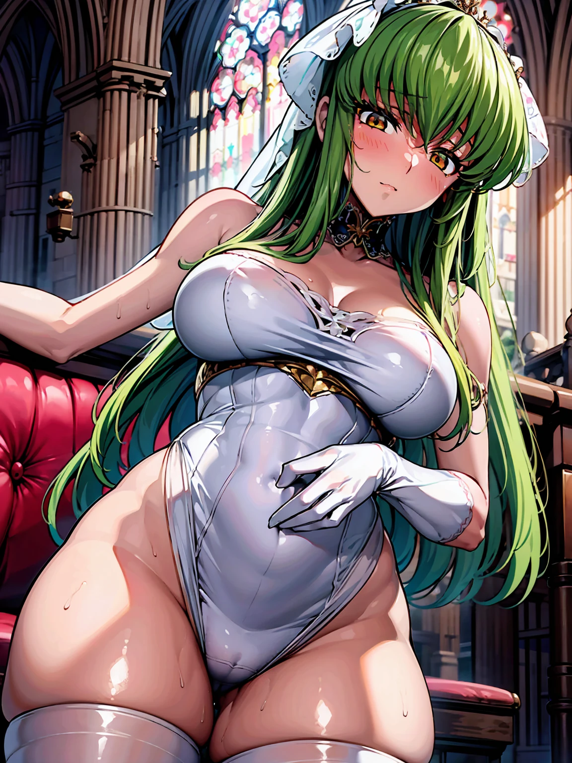 c.c.、Code Geass、Green Hair、Wedding dress、church、Stained glass、sit、Cute Woman、Thick thighs、Best image quality、High resolution、masterpiece、super high quality、Spread your legsしゃがむ、orgasm face、Spread your legsしゃがむ、Black patterned panties、Big Ass、Big Breasts 、Blushing、4K quality、Blushing、Proud face、Wearing black knee socks、bed、Spread your legsしゃがむ、Sweaty all over、Heavy breathing、Chest is bobbing up and down、heart、Condescending look、Low - Angle、Zoom in on the crotch、Cowboy Shot, Spread your legs、spread legs