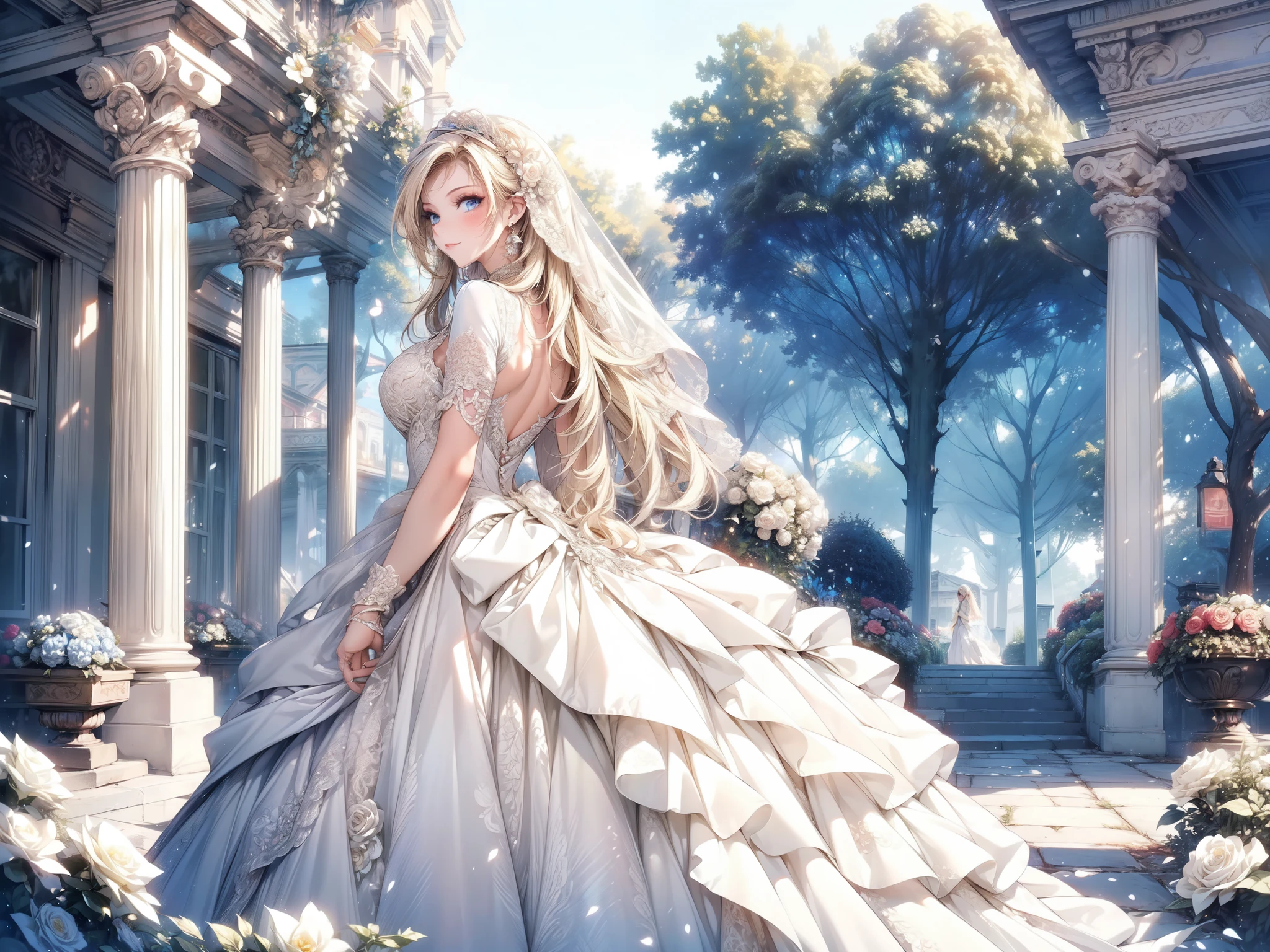 (masterpiece, best quality, beautiful and aesthetic:1.3), look back, side view, 1girl, solo, light smile, (makeup, long hair, light beige hair, blue eyes:1.2), bridal veil, lace-trimmed dress, see-through, wedding dress, outdoors, white roses, garden, morning, standing, extreme detailed, 