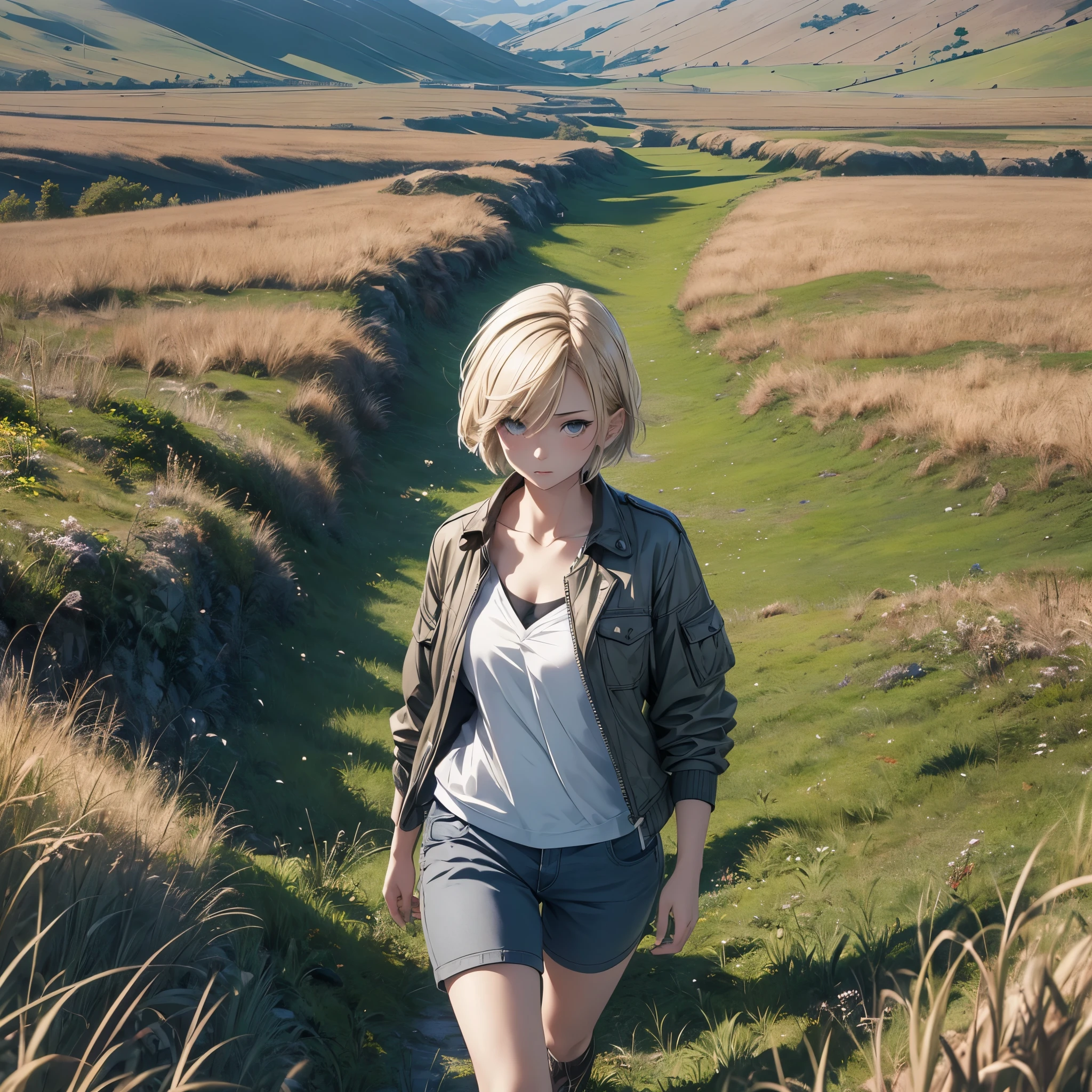 ((20-year-old woman,Blonde short bob hair,She is walking through an grassland in the monochrome world)),inside the monochrome world,the monochrome grassland,There are monsters in the grassland,Uneasy atmosphere,