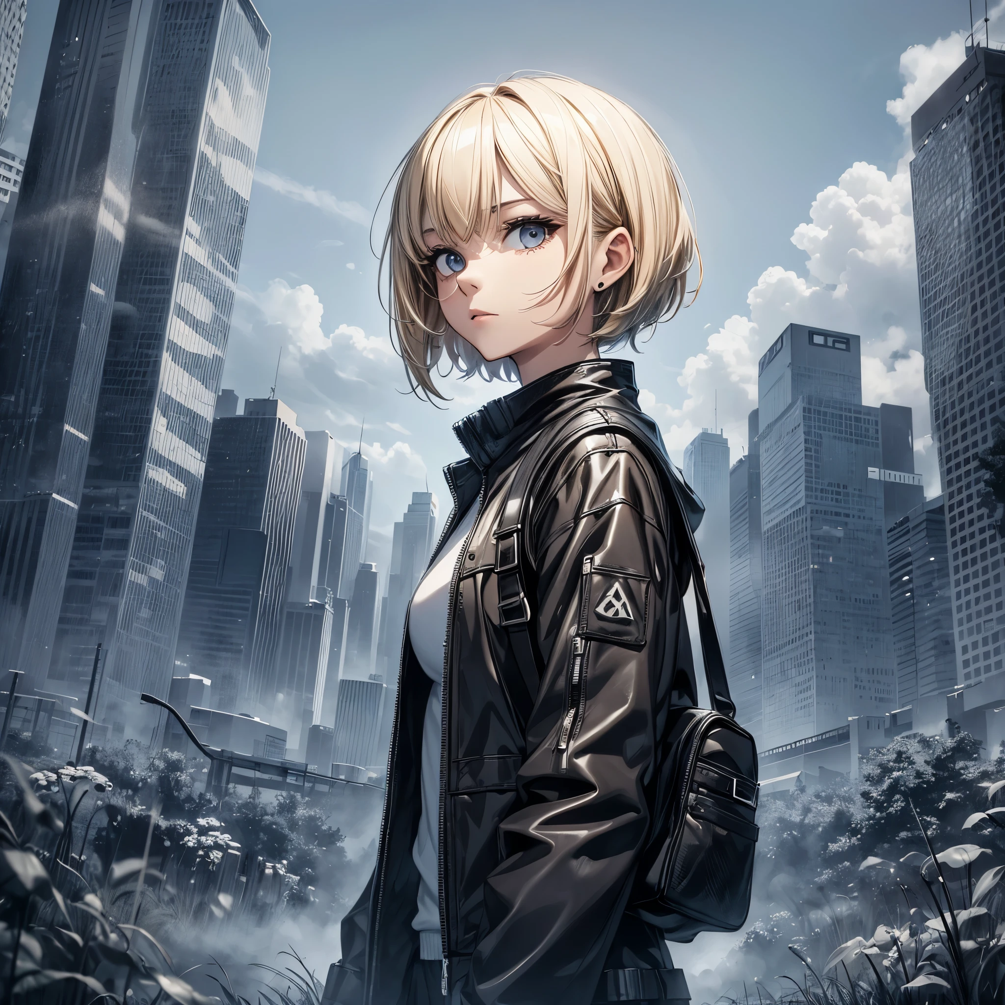 ((20-year-old woman,Blonde short bob hair,She is walking through an grassland in the monochrome world)),inside the monochrome world,the monochrome grassland,There are monsters in the grassland,Uneasy atmosphere,