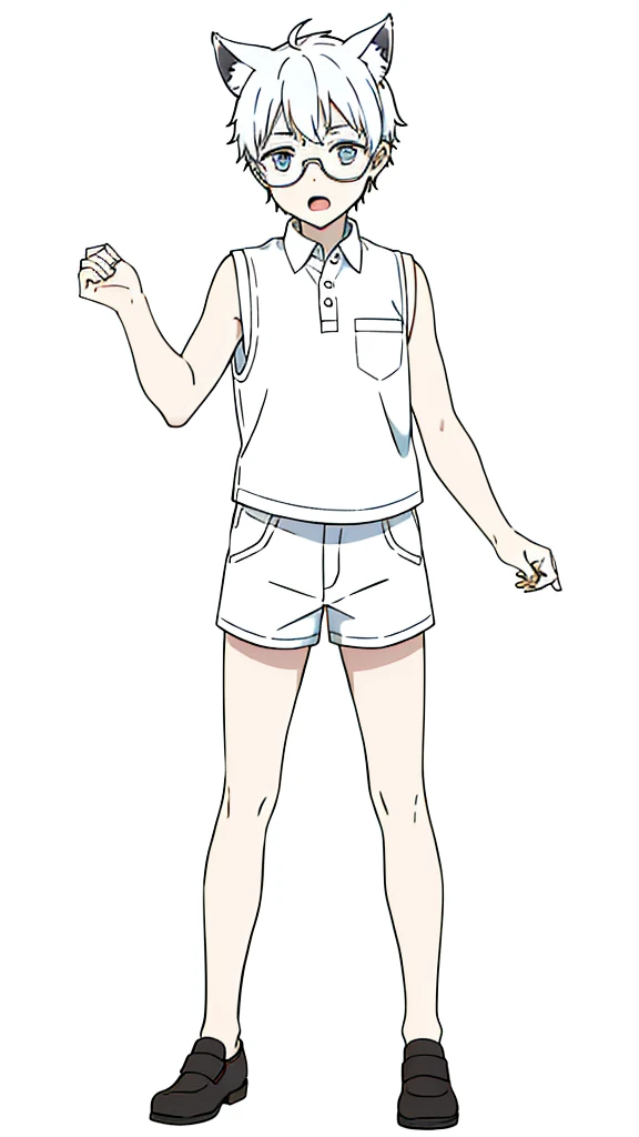 (1boy,),solo,white hair,short hair,fox ears,white casual shirt,sleeveless,shorts,(white background,line drawing),white glasses,open mouth,full body,timid, holding hands