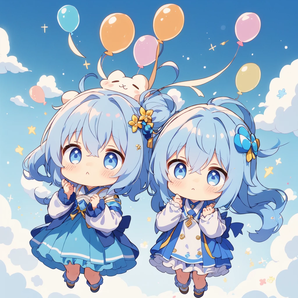 Disorganized、highest quality、Masterpiece、Official Art、16K、Cute Chibi、Flying in the sky with lots of balloons in his hands、Blue Costume、Milky hair color、Her eyes are so cute!、Soft and fluffy、Heartwarming、