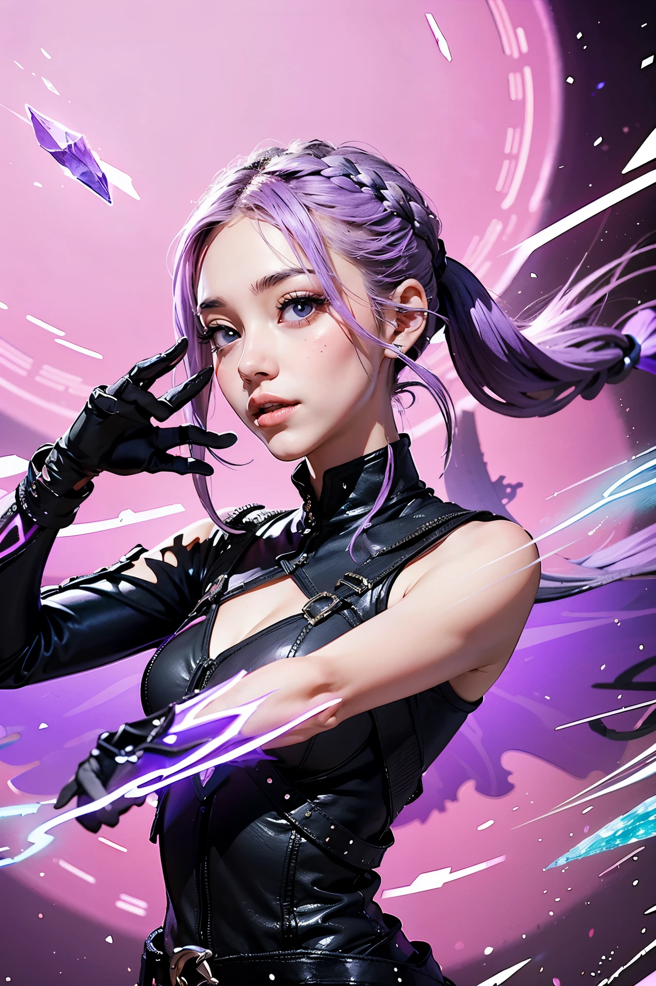 Best Quality, Ultra High Resolution, Cute, (KPOP Idol), (Long Twintail), (Light Purple Hair:1), ((Big Eyes)), Looking at you, BREAK ((upper body:1.3)), Front View,A character with long, flowing silver hair and a slender build, wearing a black and white outfit that includes thigh-high boots and gloves. The character is in a dynamic pose surrounded by ethereal purple crystals and energy, The character is in a dynamic pose surrounded by ethereal purple crystals and energy,A character with long, flowing purple hair, wearing a metallic top and black shorts with thigh-high boots. The outfit includes straps and belts, giving it a futuristic or fantasy style. The character is in a dynamic pose with radiant light or energy surrounding them, set against a minimalistic abstract background,