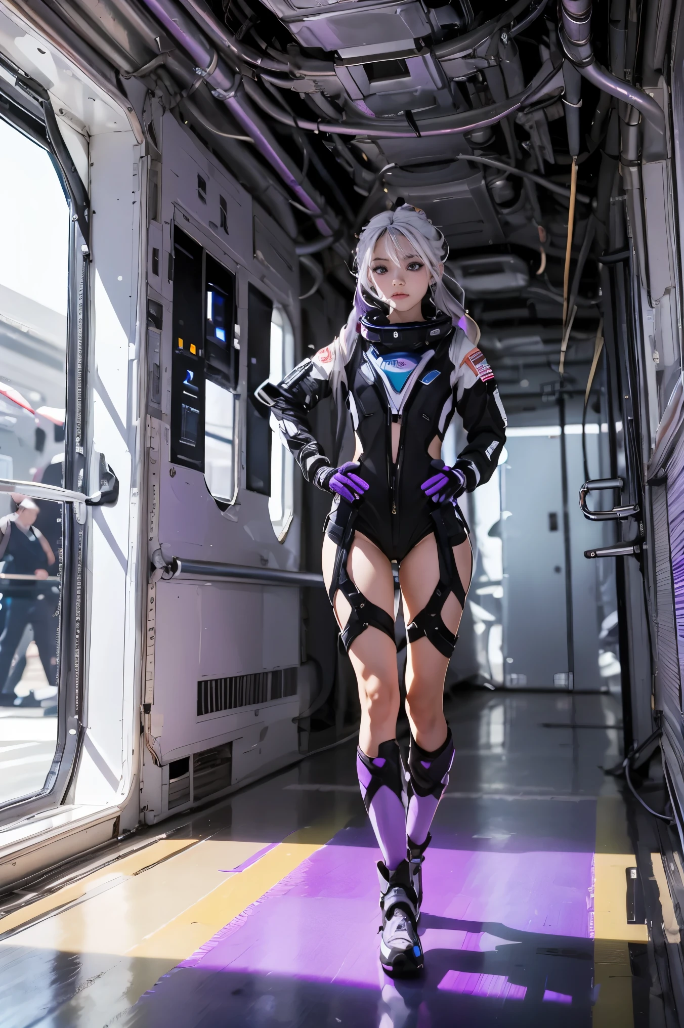 a girl, with grey hair with purple tip, purple eyes, long ponytail, on the space shuttle, in the hallway, , multicolored hair, white hair, depth of field, perspective, perspective, UHD, masterpiece, ccurate, anatomically correct, high quality, best quality, super detail