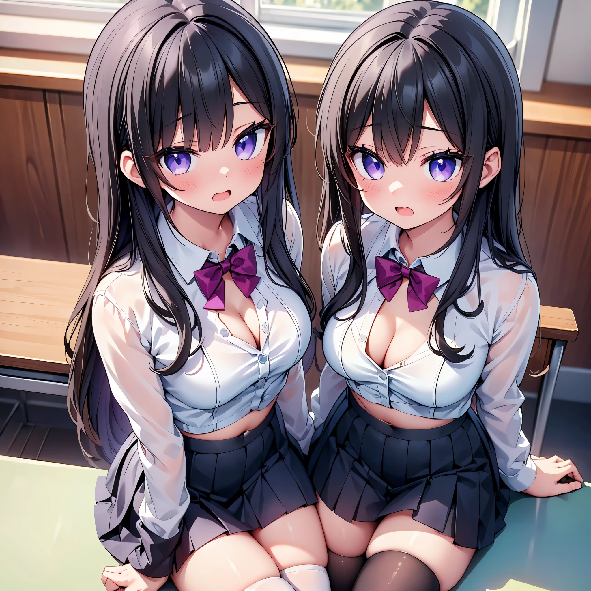 (cute eyes:1.2), (sparkling eyes:1.2), (8K、Best image quality、highest quality、masterpiece)、Detailed face、(2 girls)、Improve、(Black Hair, Purple Eyes, long hair)、(open mouth), (embarrassed), (skinny body:1.3),(small ???????), ((White collared shirt)), ((????????????)), (cleavage), (crop top navel), Sit on a chair, Classroom Background, (black stockings:1.1), (Thighs:1.1), (Waistline:1.1),(close-up shot of bust), (from above:1.2)