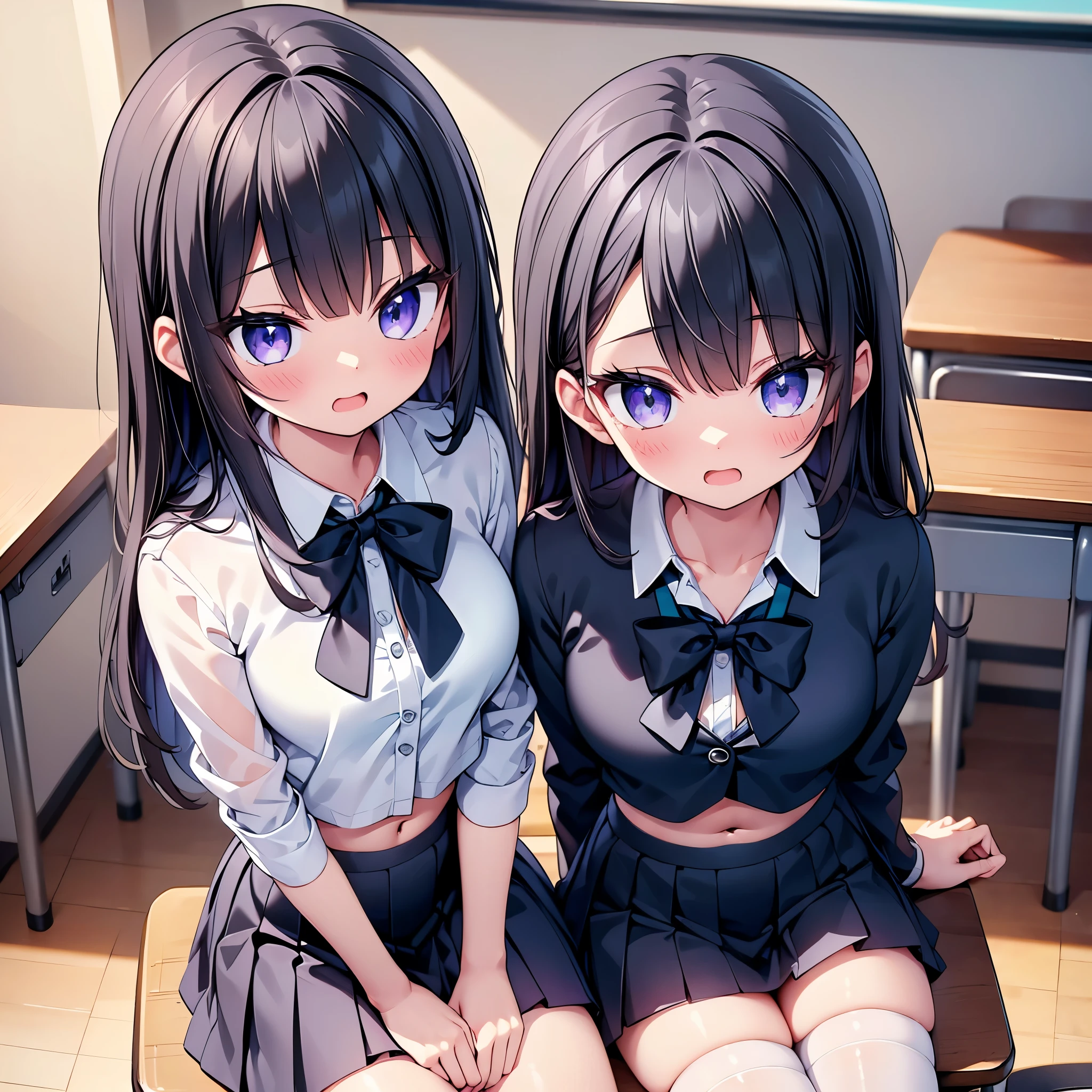 (cute eyes:1.2), (sparkling eyes:1.2), (8K、Best image quality、highest quality、masterpiece)、Detailed face、(2 girls)、Improve、(Black Hair, Purple Eyes, long hair)、(open mouth), (embarrassed), (skinny body:1.3),(small breasts), ((White collared shirt)), ((Open clothes)), (cleavage), (crop top navel), Sit on a chair, Classroom Background, (black stockings:1.1), (Thighs:1.1), (Waistline:1.1),(close-up shot of bust), (from above:1.2)