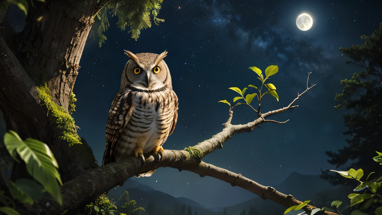 Owl resting in a large tree hollow, nocturnal, full moon, starry sky, (Masterpiece), (Best Quality), (Ultra high Detailes), (Photorealistic)