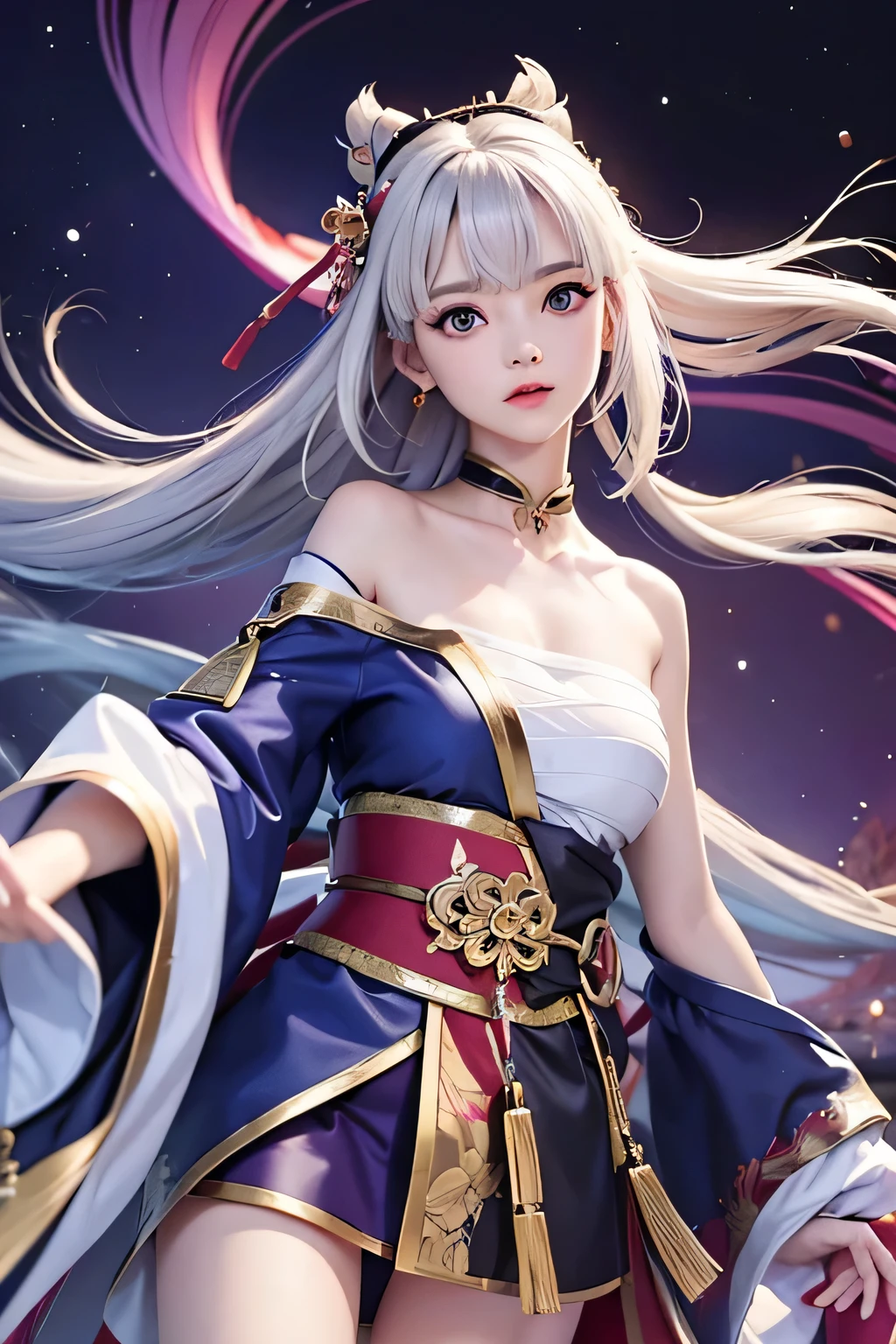 (masterpiece, best quality, dutch angle)(1girl, solo)(white hair,Purple Eyes,Straight long hair)(sarashi,japanese clothes,off shoulder,one shoulder、Wear one kimono:1.4、One shoulder exposed)(Serious expression, Woman holding a sword:1.3、floating hair)(In front of the samurai residence、Mystical Night、Particles of light float around the woman、Space for fantasy)
