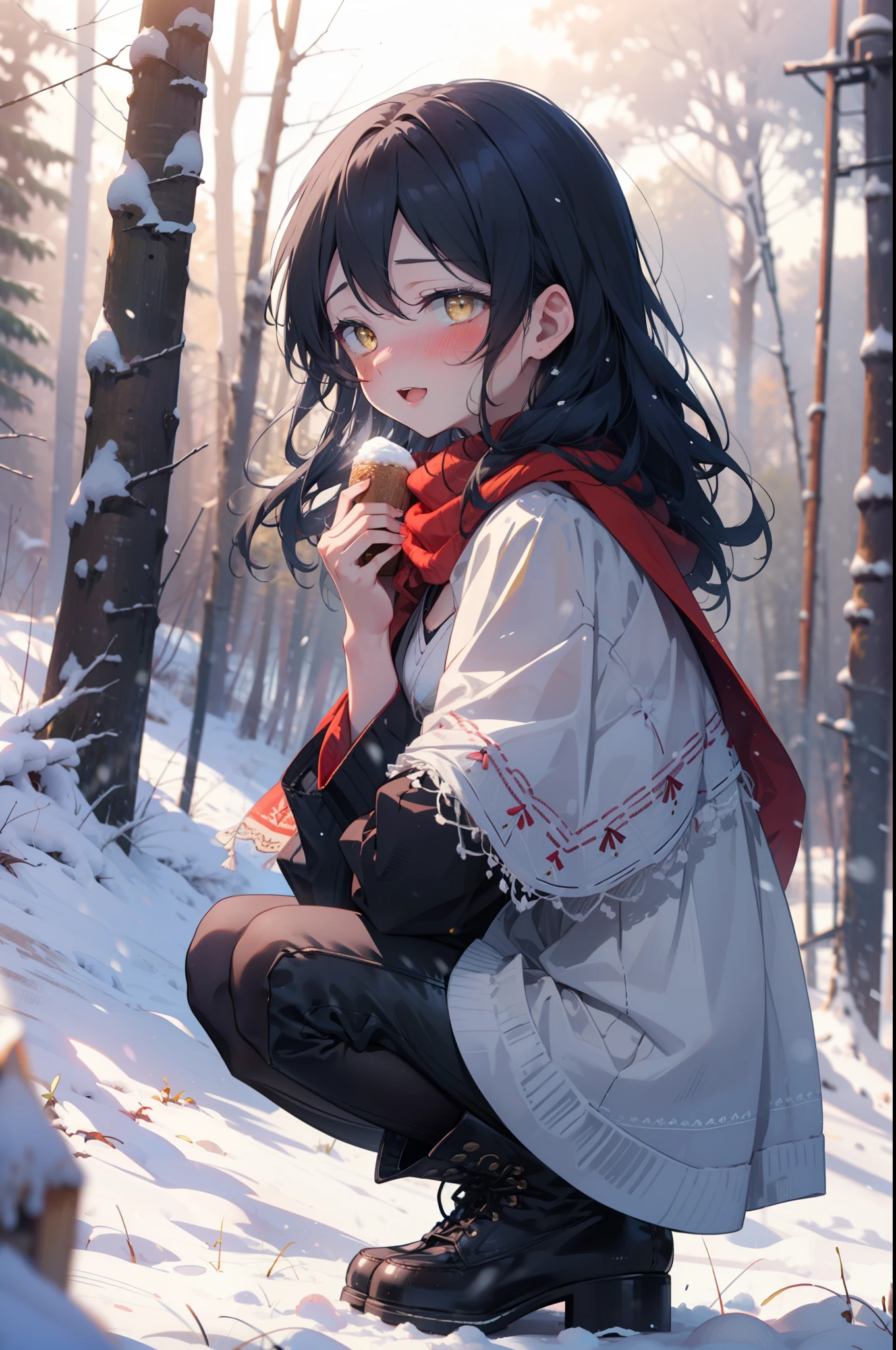 You are very kind, umi sonoda, Long Hair, Blue Hair, (Yellow Eyes:1.5) (Flat Chest:1.2),smile,blush,White Breath,
Open your mouth,snow,Ground bonfire, Outdoor, boots, snowing, From the side, wood, suitcase, Cape, Blurred, Increase your meals, forest, White handbag, nature, Squat, Mouth closed, フードed Cape, winter, Written boundary depth, Black shoes, red Cape break looking at viewer, Upper Body, whole body, break Outdoor, forest, nature, break (masterpiece:1.2), highest quality, High resolution, unity 8k wallpaper, (shape:0.8), (Beautiful and beautiful eyes:1.6), Highly detailed face, Perfect lighting, Extremely detailed CG, (Perfect hands, Perfect Anatomy),