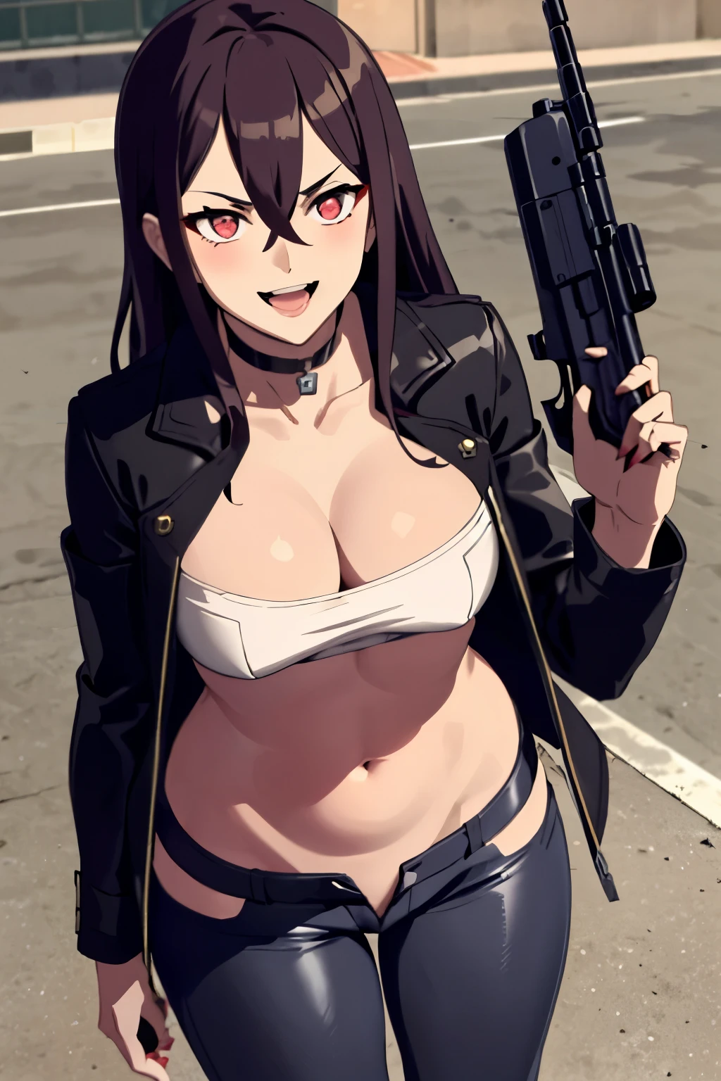 cyberpunk edgerunners, 1girl,  black hair, blush, cape, choker,  hair between eyes, long hair, masterpiece, best quality, highly detailed, a girls with a gun, evil smile , open mouth, sexy gaze, badass pose , evil smile, smile, , guns blazing, anime girl with long hair, beautiful long haired girl, navel, evil expression, exposed belly, exposed navel, exposed midriff, exposed lower belly, long black pants, crop top, cleavage, unbuttoned leather pants ,open fly, low rise black leather pants, leather jacket, holding a gun, outdoor,street,road,