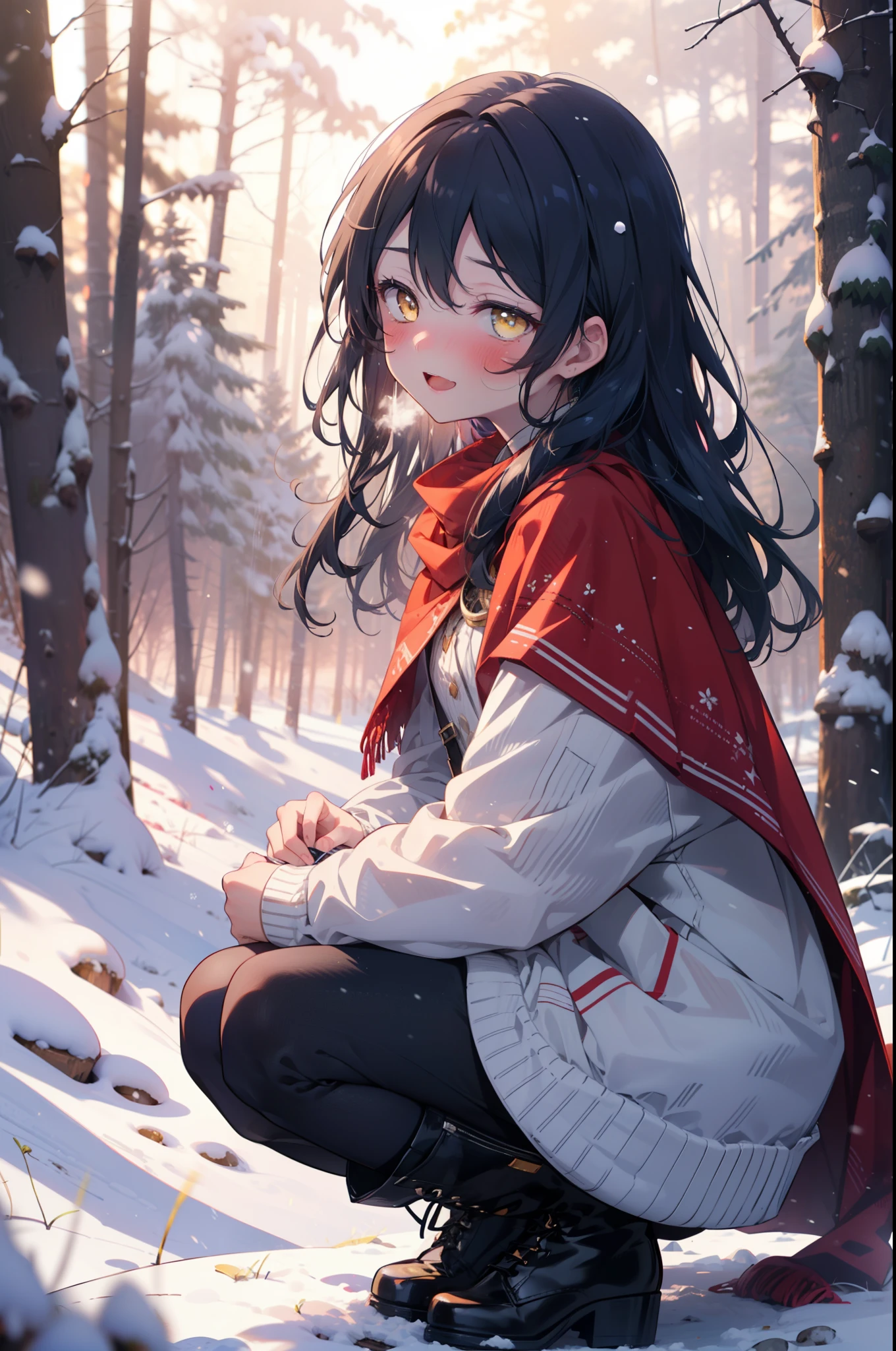 You are very kind, umi sonoda, Long Hair, Blue Hair, (Yellow Eyes:1.5) (Flat Chest:1.2),smile,blush,White Breath,
Open your mouth,snow,Ground bonfire, Outdoor, boots, snowing, From the side, wood, suitcase, Cape, Blurred, Increase your meals, forest, White handbag, nature,  Squat, Mouth closed, フードed Cape, winter, Written boundary depth, Black shoes, red Cape break looking at viewer, Upper Body, whole body, break Outdoor, forest, nature, break (masterpiece:1.2), highest quality, High resolution, unity 8k wallpaper, (shape:0.8), (Beautiful and beautiful eyes:1.6), Highly detailed face, Perfect lighting, Extremely detailed CG, (Perfect hands, Perfect Anatomy),