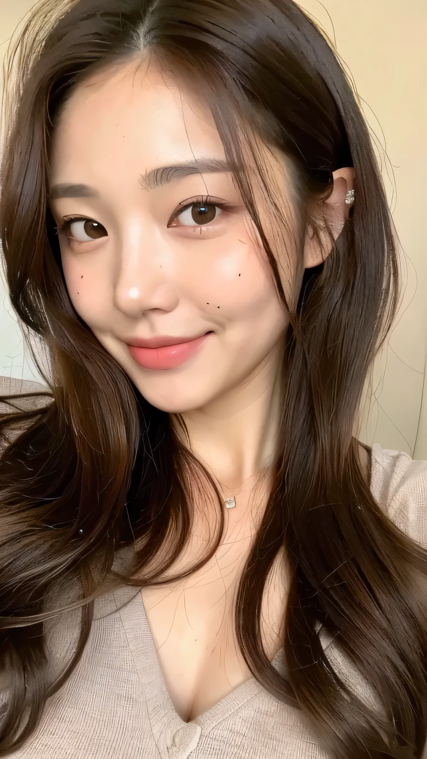 ((highest quality, 8k, masterpiece: 1.3)), 1 female, Japanese Idols,Sensual beauty: 1.3, (Hair style Brown hair Medium wave, big: 1.2), Nightwear: 1.1, Very friendly face, Delicate eyes, double eyelid, Dimples,Mole, Sit on the sofa,relax,smile,Plump body,mole,I'm trying to be tall,Very thick legs crossed,