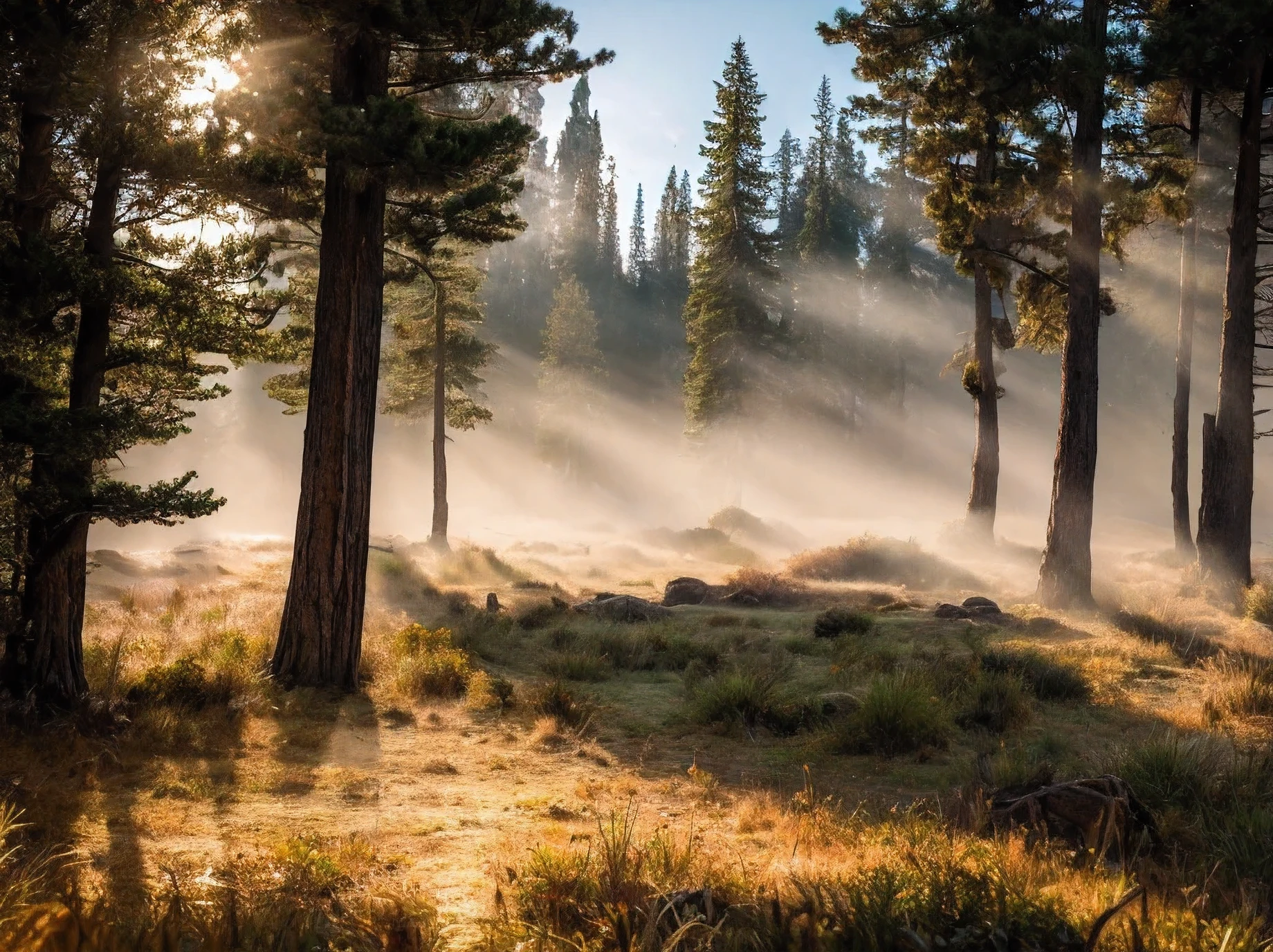 ((Claude Monets style)) : Create a rugged landscape of valleys and mountains., Shrouded in thick fog, Less sunlight, Has twisted trees and thick trunks, The undergrowth resembles grass and grass, In a hyperrealistic landscape, In photorealistic colors, 4k, Cinema lighting, natural light, Attention to detail, photorealistic, photorealisticistic, volumetric lighting and shading, 4k HD matte digital painting, Stunning 8K images