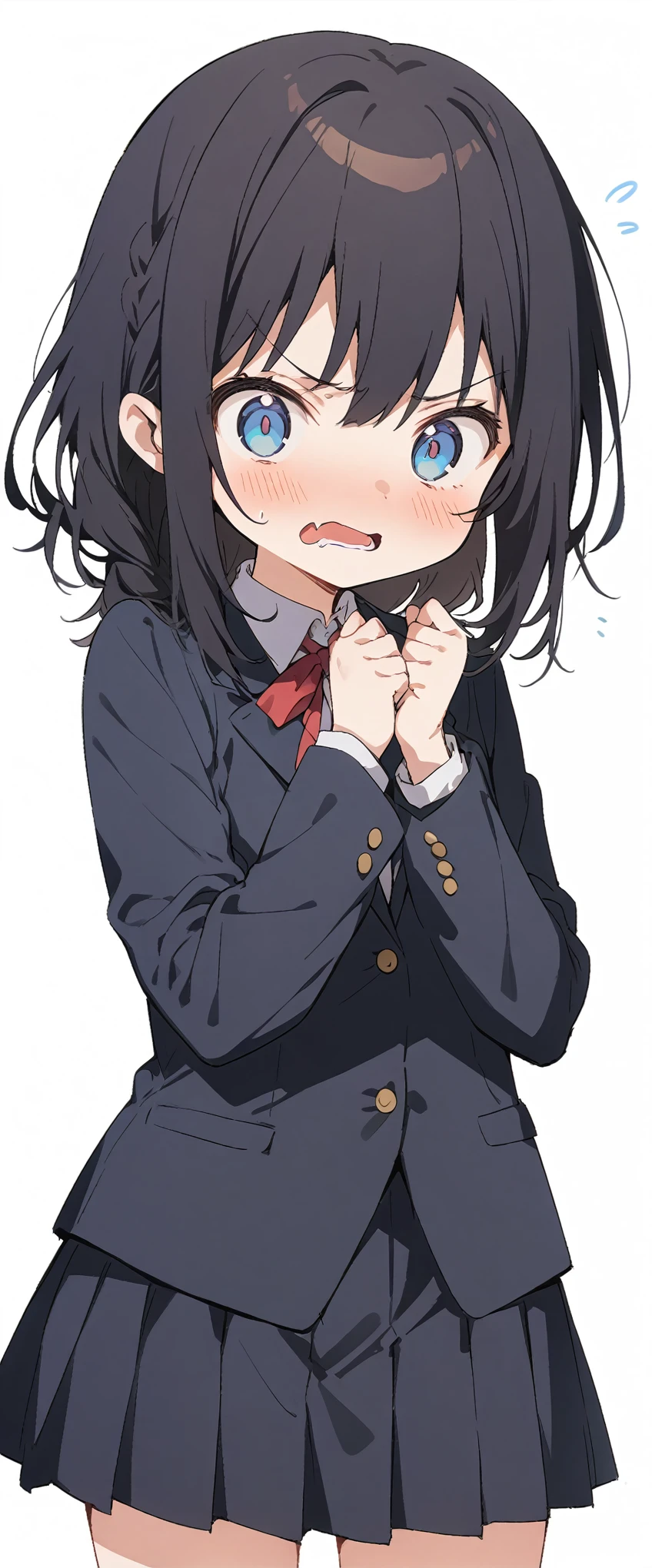 White background、Solid white background、Blank background、Ultra-high resolution, highest quality,Solo,just standing girl, One Girl、Full body view from the front、fish-bone braid hair、Fishbone Hair、black hair、beautiful detailed eyes、Black hair × Blue eyes、blue eyes、Troubled face、 Open your mouth、Flat Chest、Black long sleeve blazer,Black pleated skirt、Knee-high socks、loafers