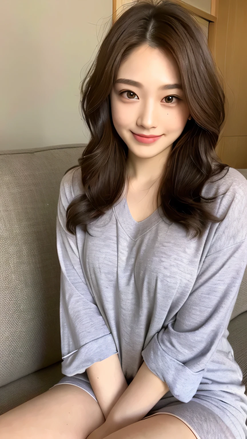 ((highest quality, 8k, masterpiece: 1.3)), 1 female, Japanese Idols,Sensual beauty: 1.3, (Hair style Brown hair Medium wave, big: 1.2), Nightwear: 1.1, Very friendly face, Delicate eyes, double eyelid, Dimples,Mole, Sit on the sofa,relax,smile,Plump body,mole,Raising his arms and stretching,Very thick legs crossed,