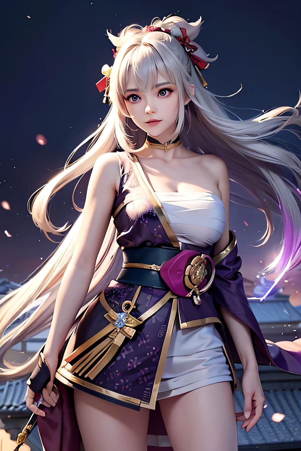 (masterpiece, best quality, dutch angle)(1girl, solo)(white hair,Purple Eyes,Straight long hair)(sarashi,japanese clothes,one shoulder、Wear one kimono:1.4、One shoulder exposed)(Serious expression, Woman holding a sword:1.3、floating hair)(In front of the samurai residence、Mystical Night、Particles of light float around the woman、Space for fantasy)
