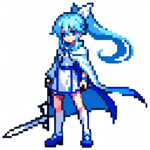 Pixel art, full body, facing left (important), bright blue and white, holding a large scythe, magical girl, long ponytail, ribbon, loose clothing, cloak. Hair color: Soft, pale blue hair. Eye color: pink eyes. Clothes: Clothes based on white and blue. She wears a blue cloak over a white shirt and blue miniskirt. Accessories: Blue flower decoration on the right side of the hair. Weapon: A sickle with blue and white decoration.