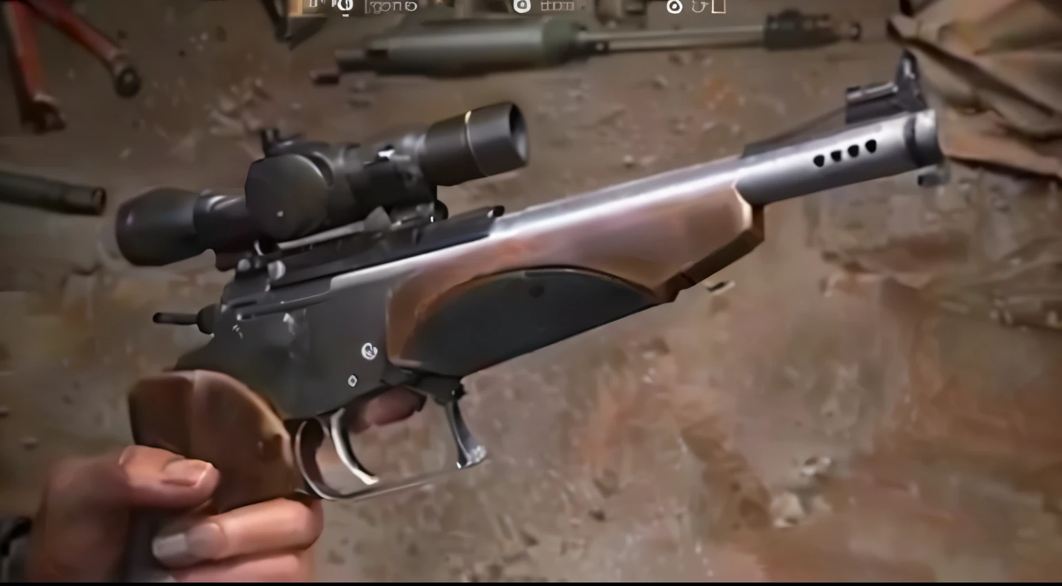 a close up of a person holding a gun with a scope, realistic gun, realistic weapon, bolt action rifle, realistic weapons, realistic gun design, realistic guns, detailed trigger, detailed pistol trigger, bolt pistol in one hand, photorealistic shot, hyper detailed and realistic, lower quality, realistic hyper detailed, extreme realistic detail, old bolt action rifles